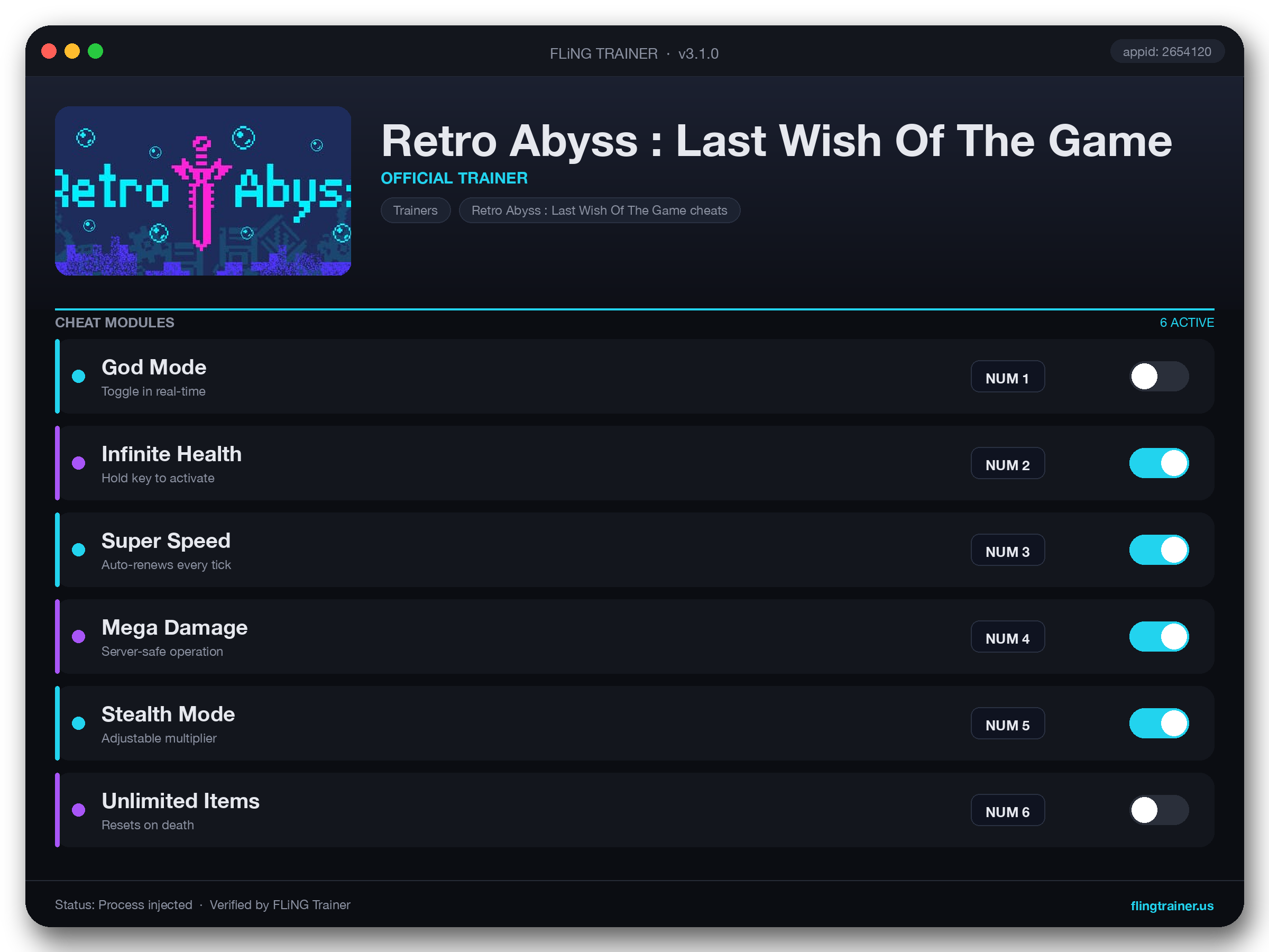 Retro Abyss : Last Wish Of The Game Trainer interface