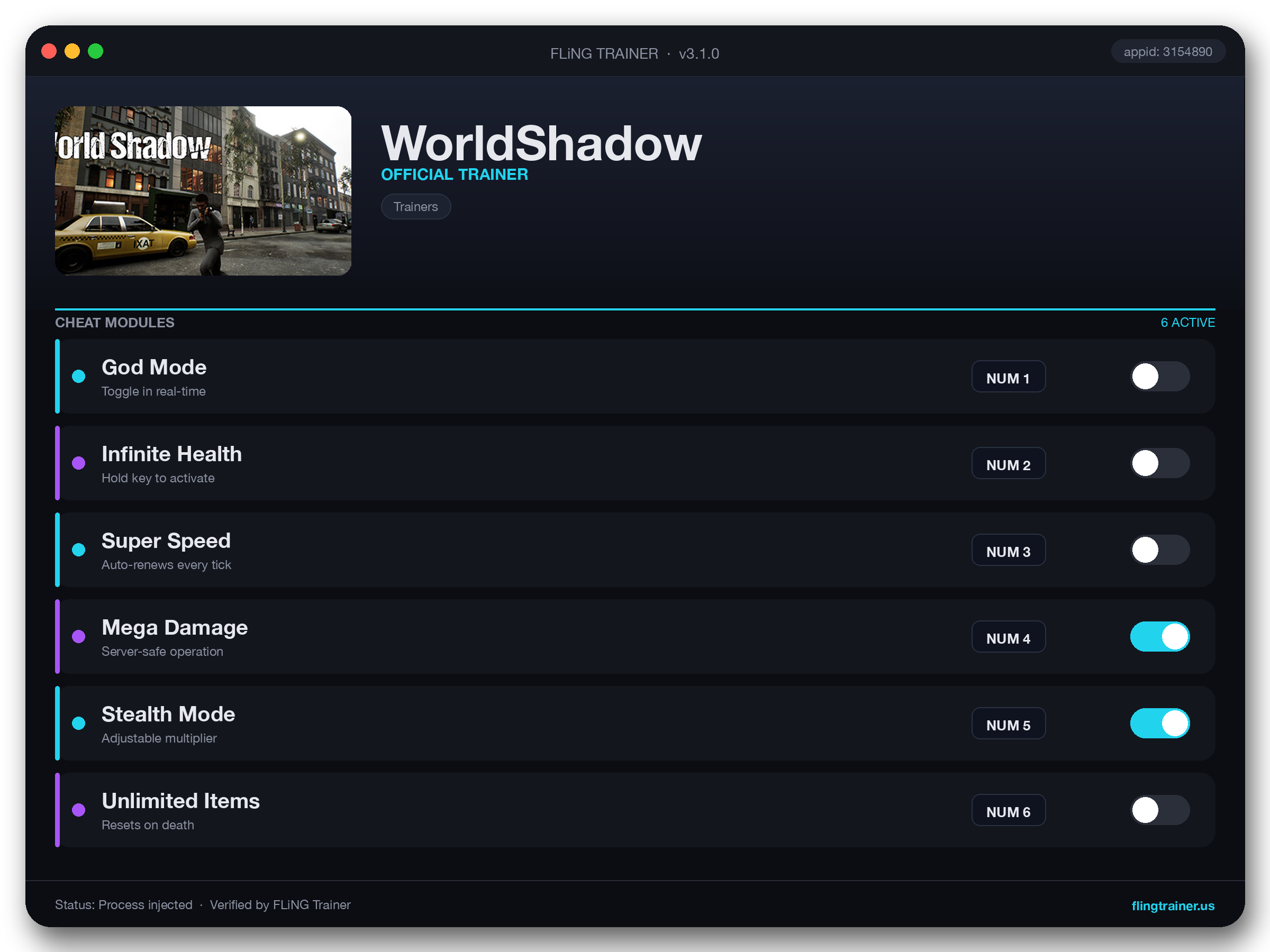 WorldShadow Trainer interface