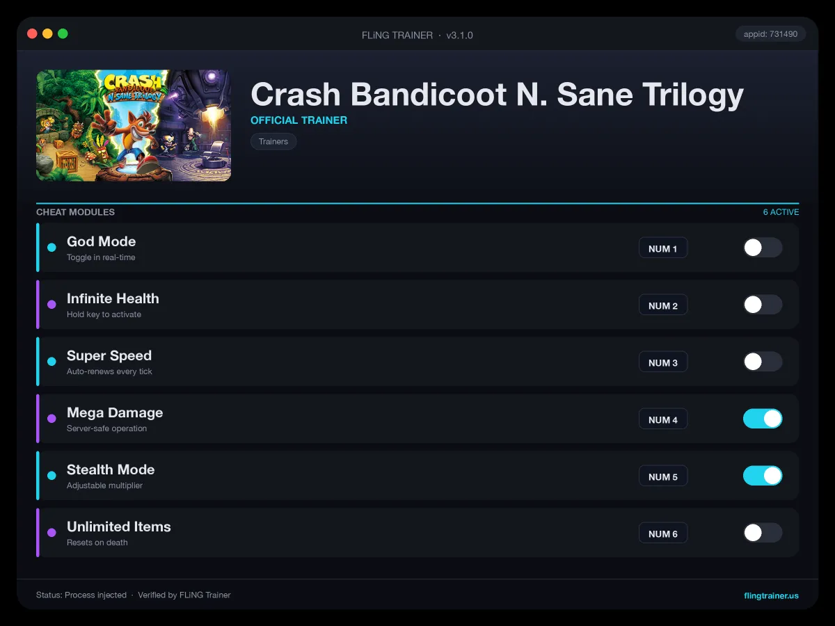 Crash Bandicoot N. Sane Trilogy Trainer interface