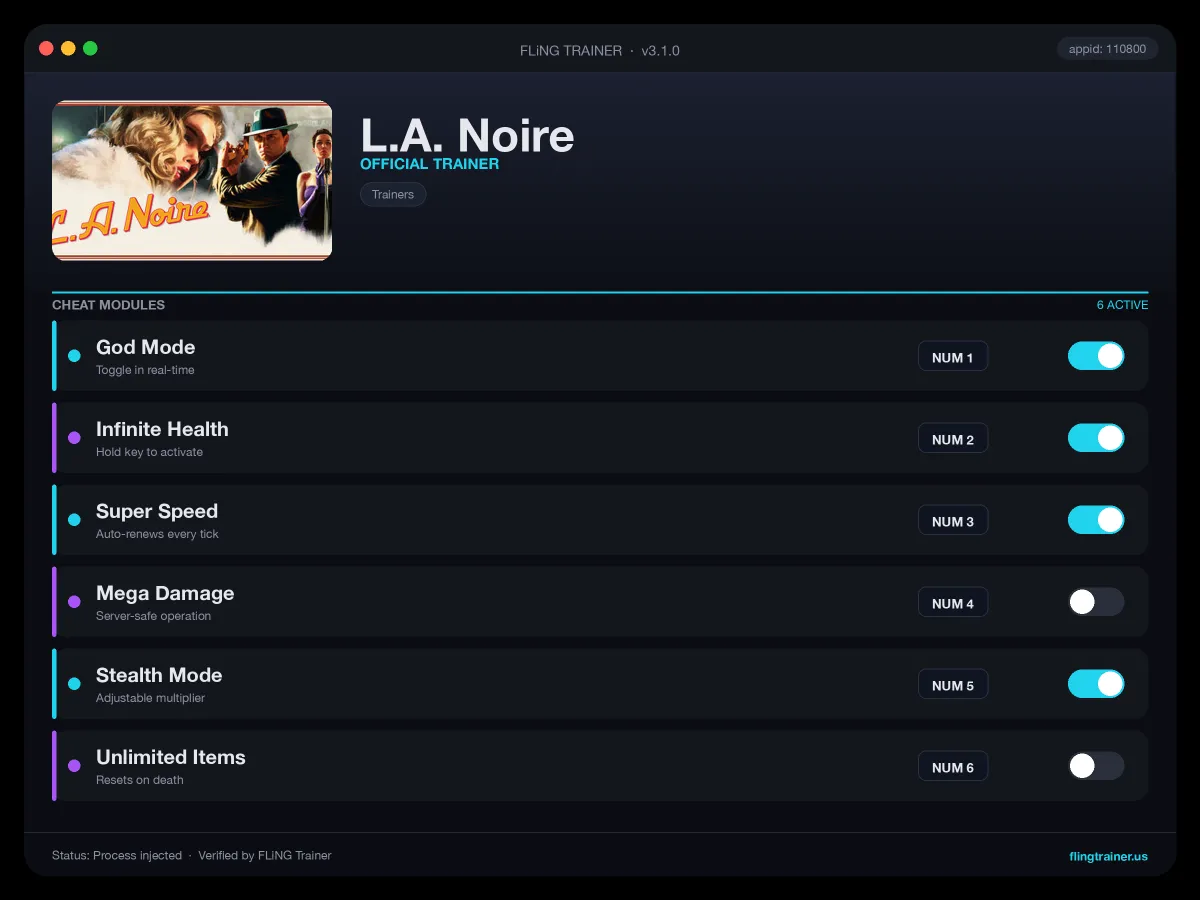 L.A. Noire Trainer interface