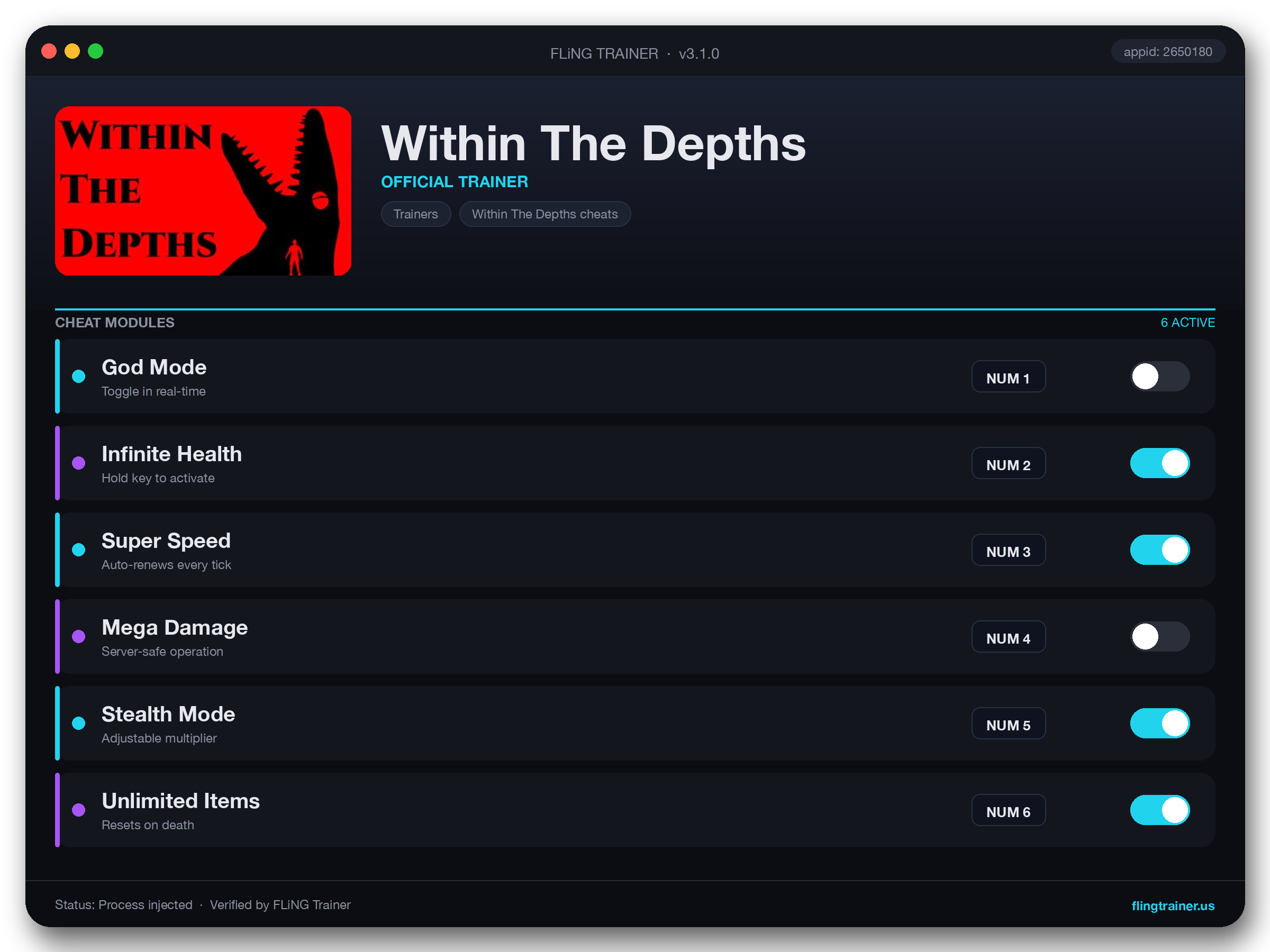 Within The Depths Trainer interface