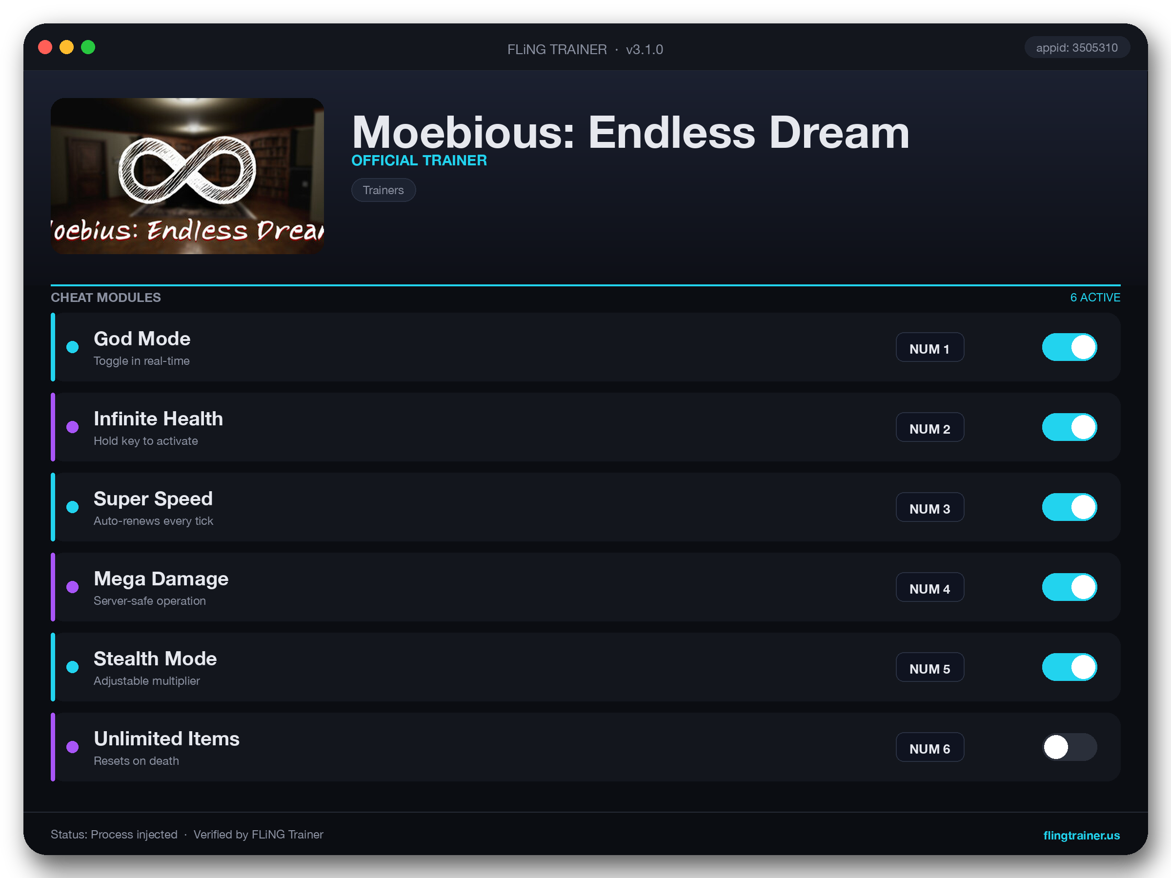 Moebious: Endless Dream Trainer interface