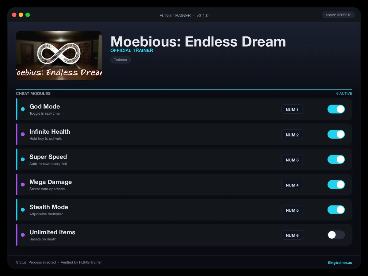 Moebious: Endless Dream Trainer interface