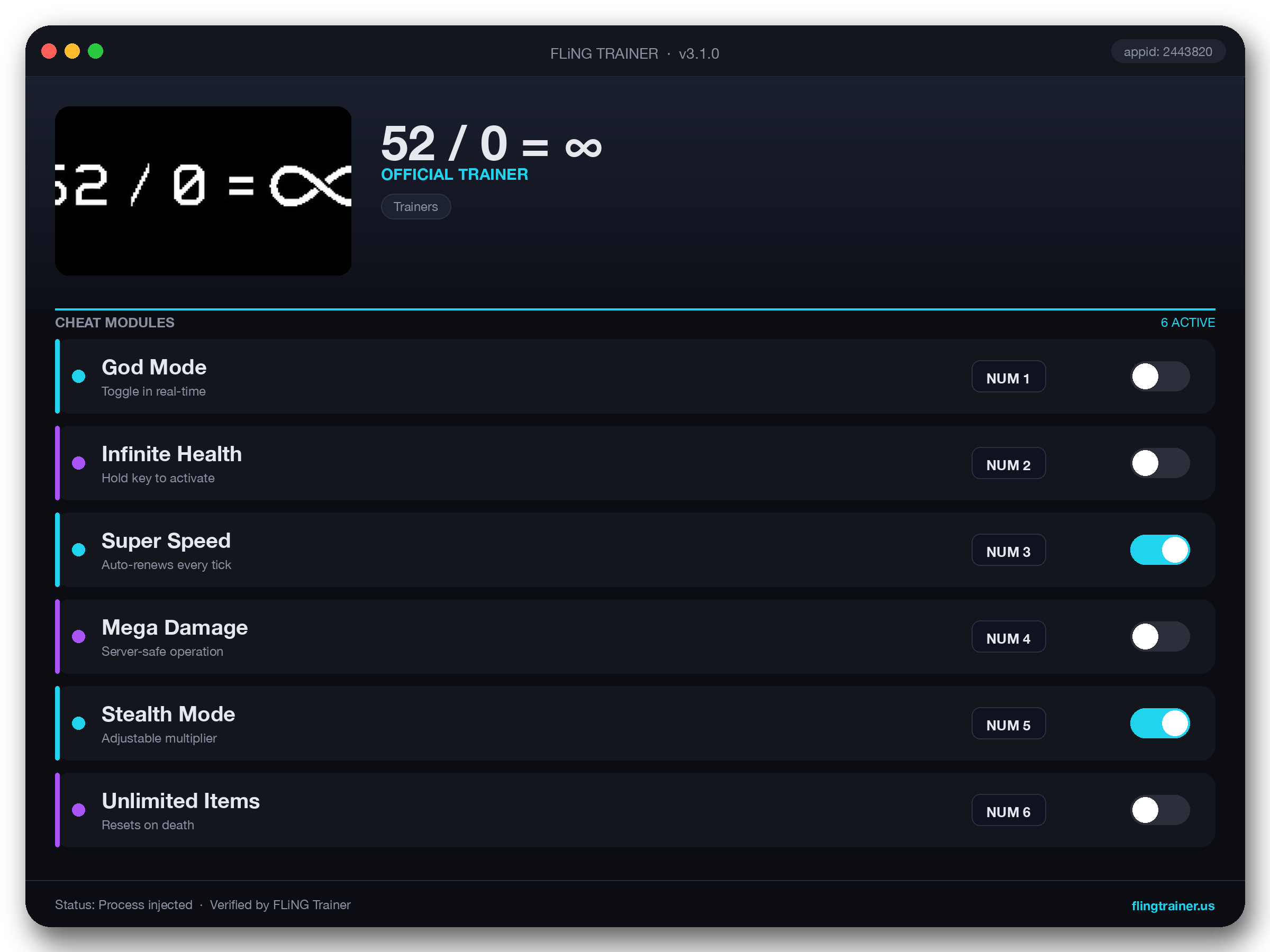 52 / 0 = ∞ Trainer interface