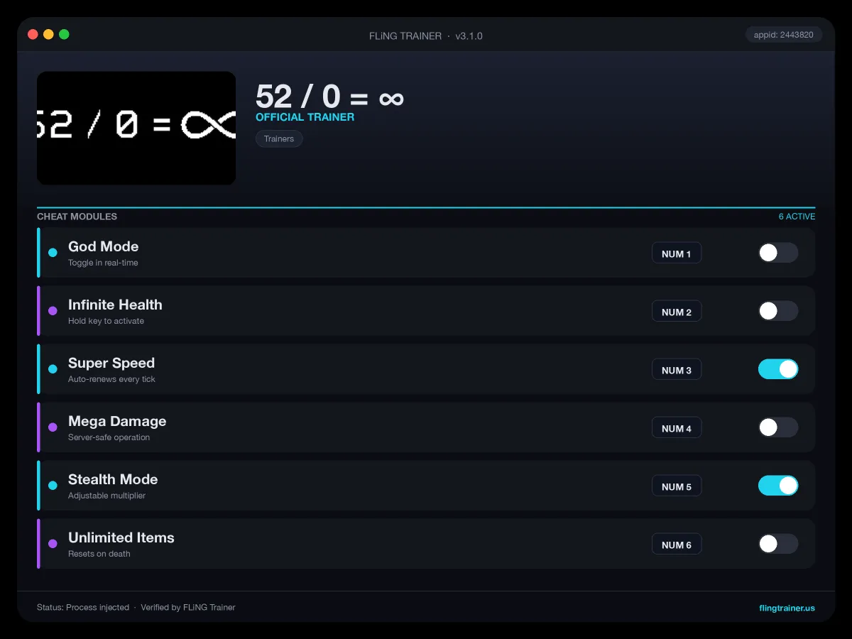 52 / 0 = ∞ Trainer interface