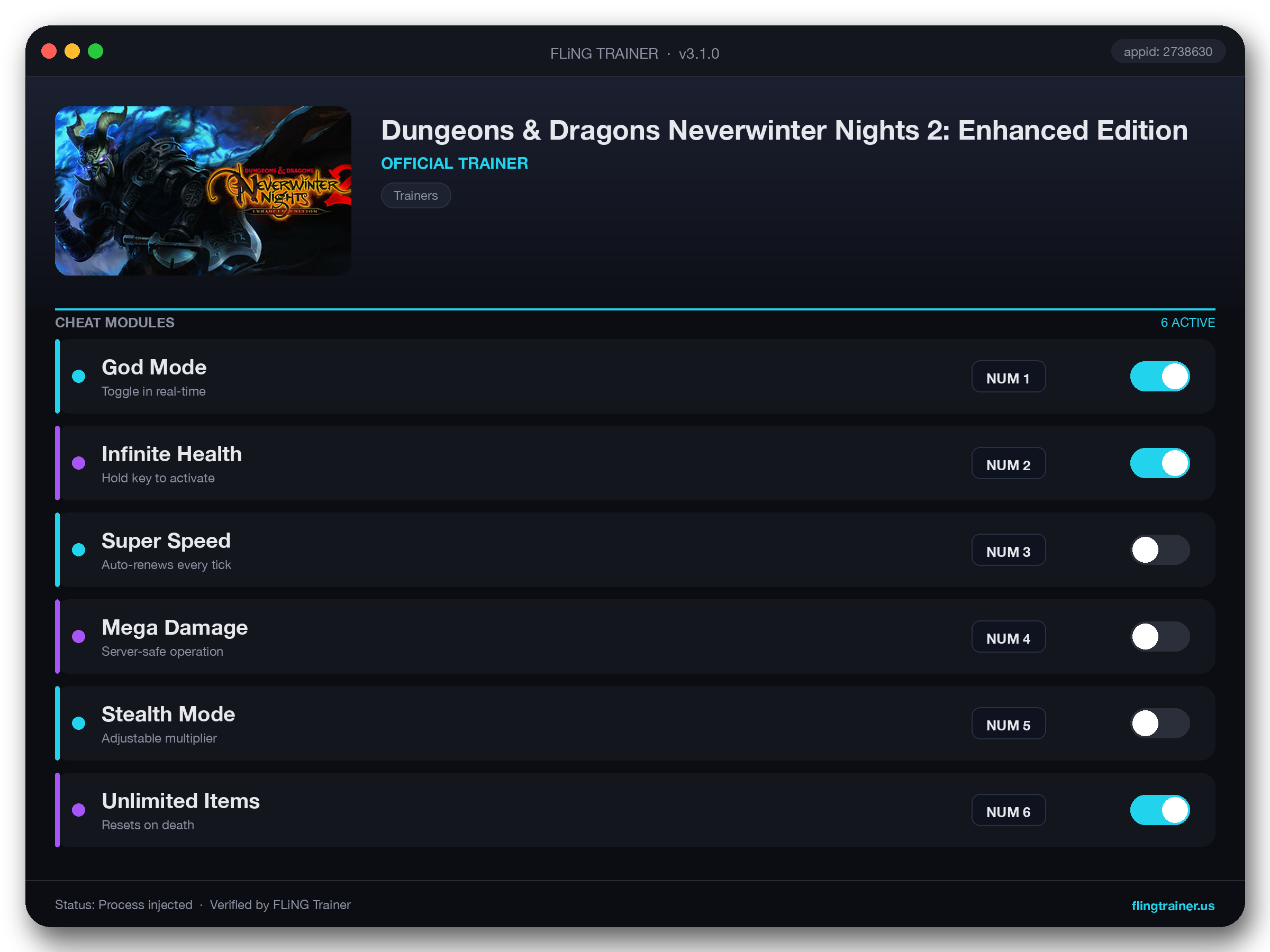 Dungeons & Dragons Neverwinter Nights 2: Enhanced Edition Trainer interface