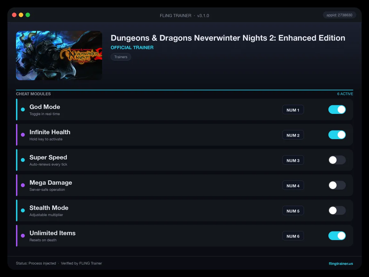 Dungeons & Dragons Neverwinter Nights 2: Enhanced Edition Trainer interface