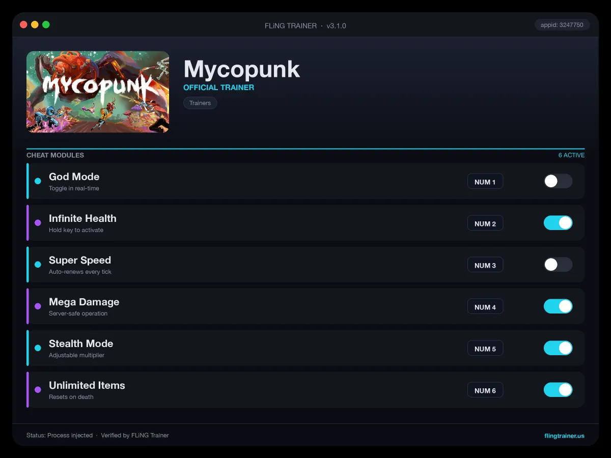 Mycopunk Trainer interface