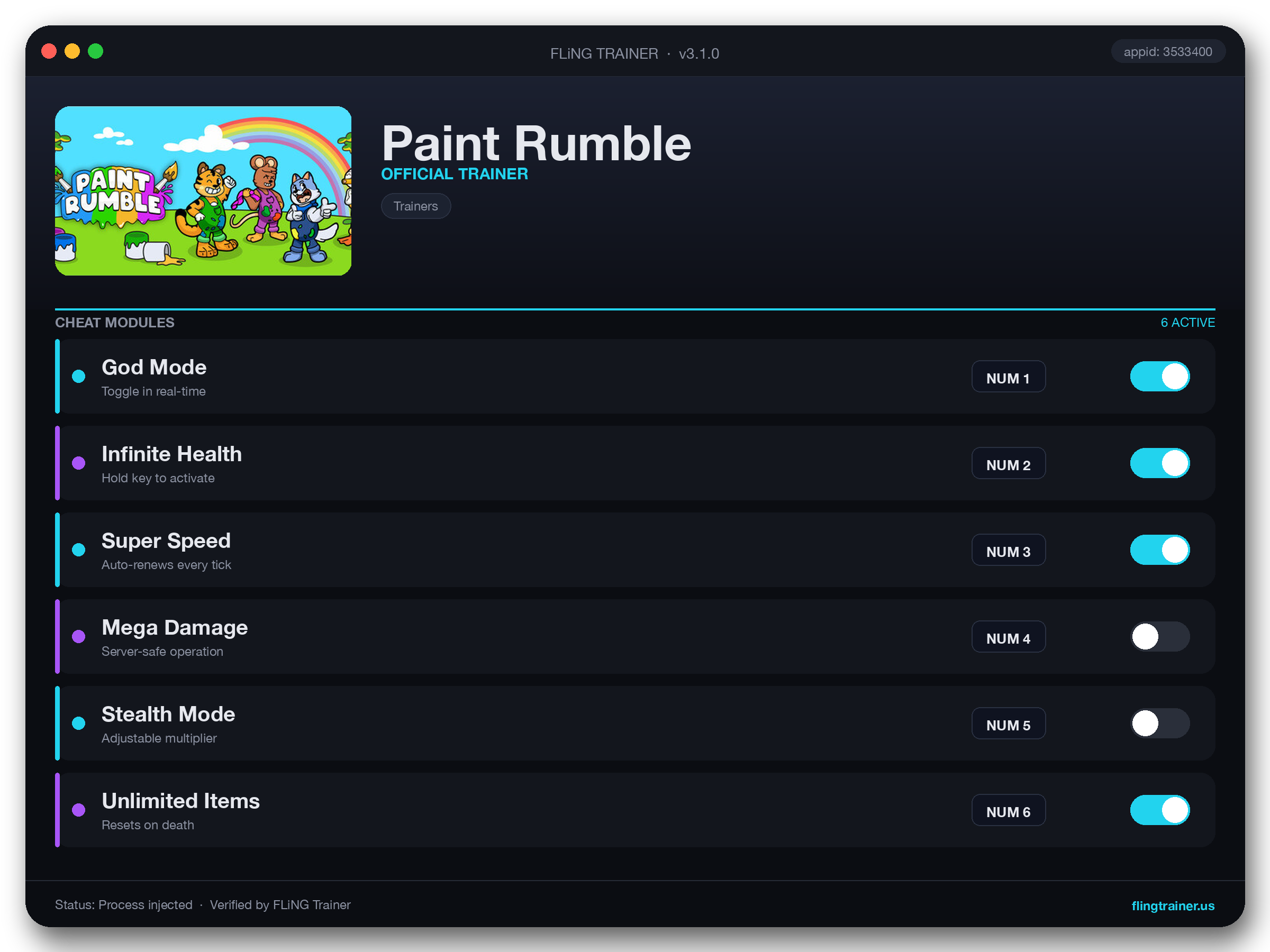 Paint Rumble Trainer interface