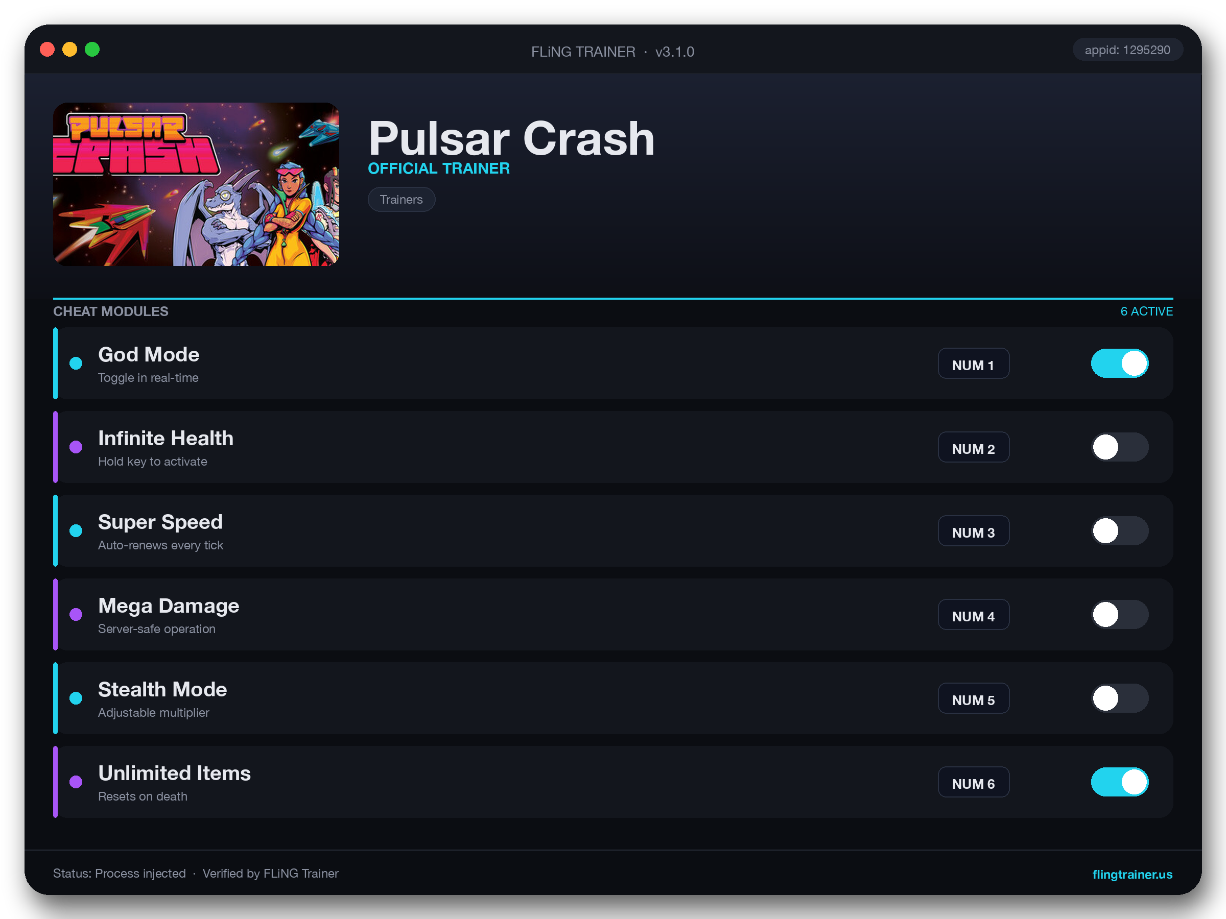 Pulsar Crash Trainer interface