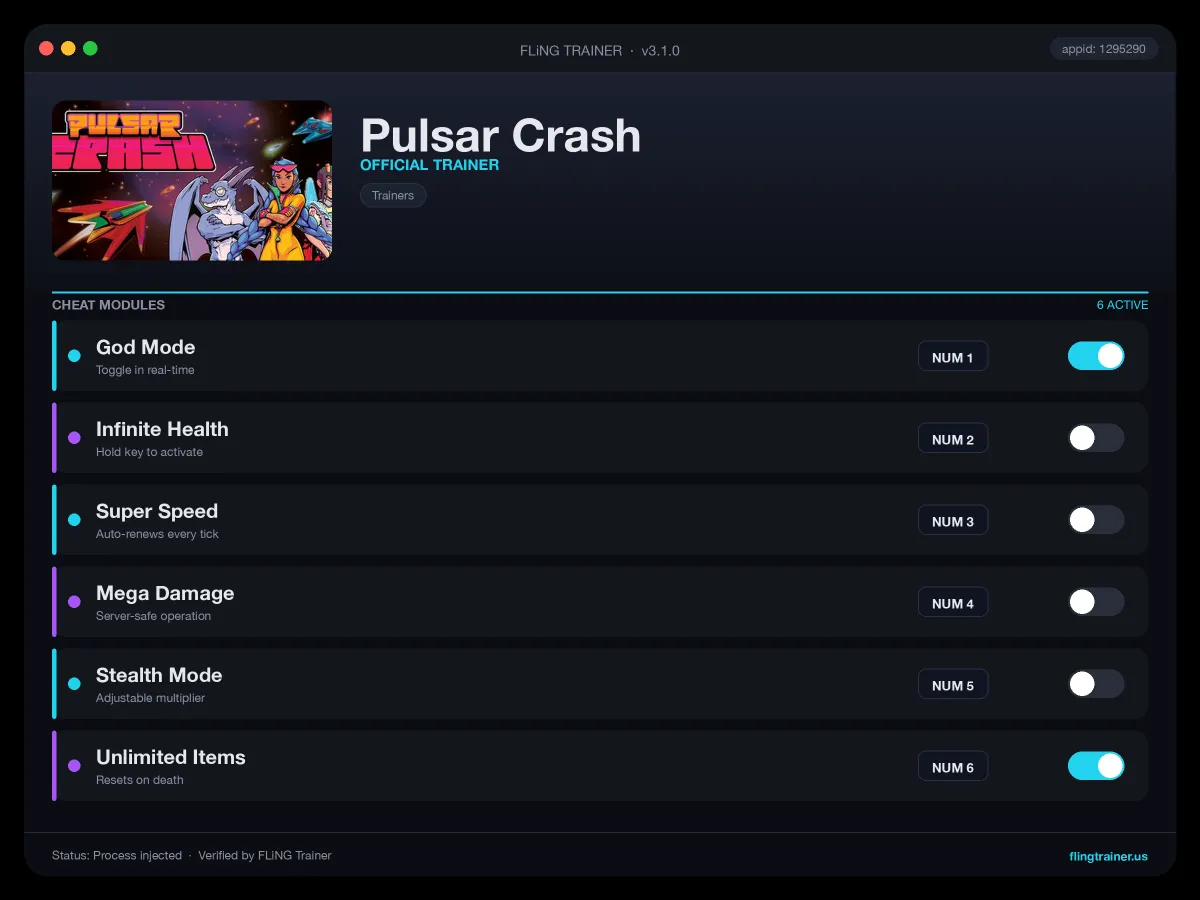 Pulsar Crash Trainer interface