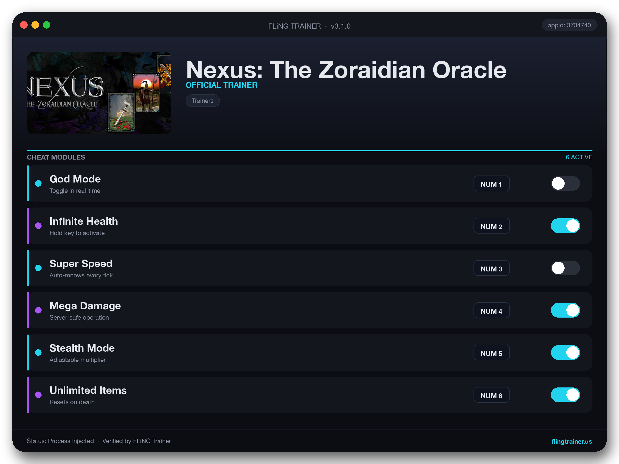 Nexus: The Zoraidian Oracle Trainer interface
