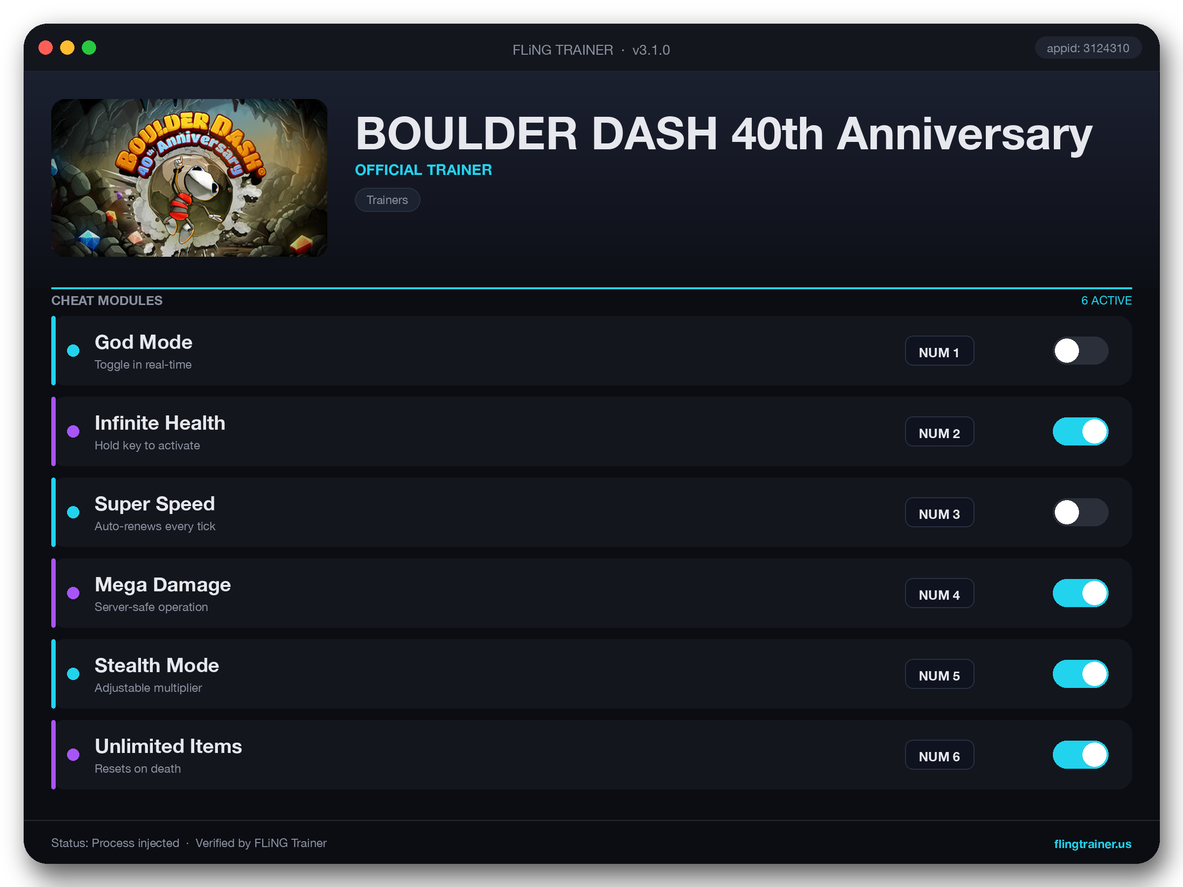 BOULDER DASH 40th Anniversary Trainer interface