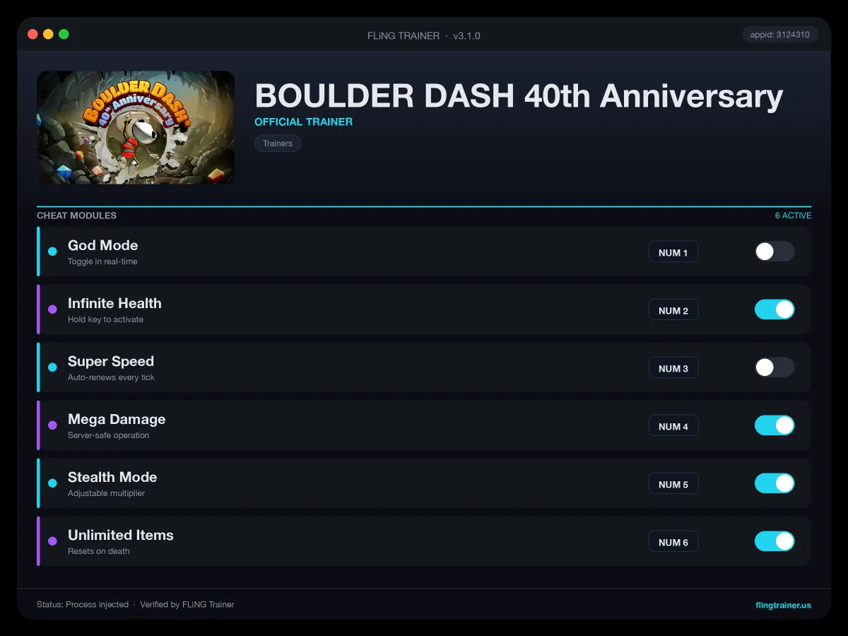 BOULDER DASH 40th Anniversary Trainer interface