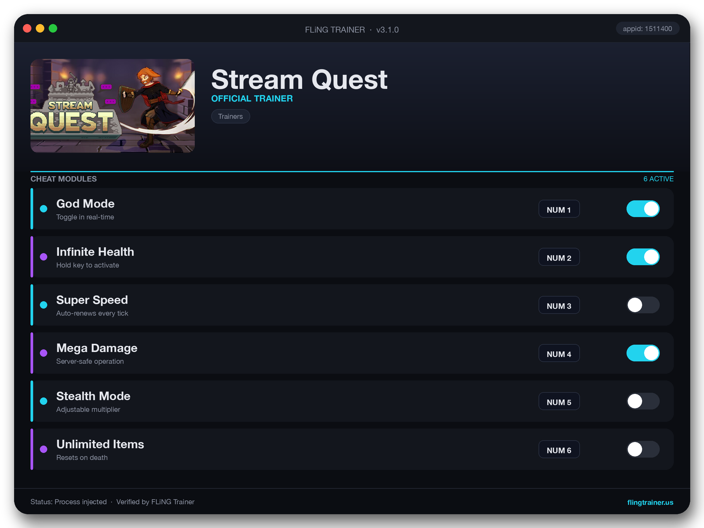 Stream Quest Trainer interface