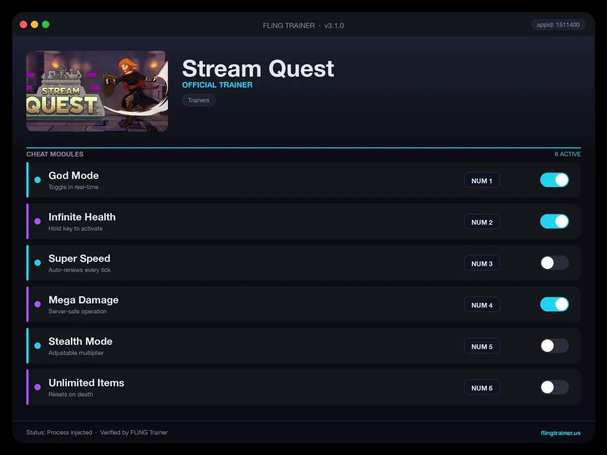 Stream Quest Trainer interface