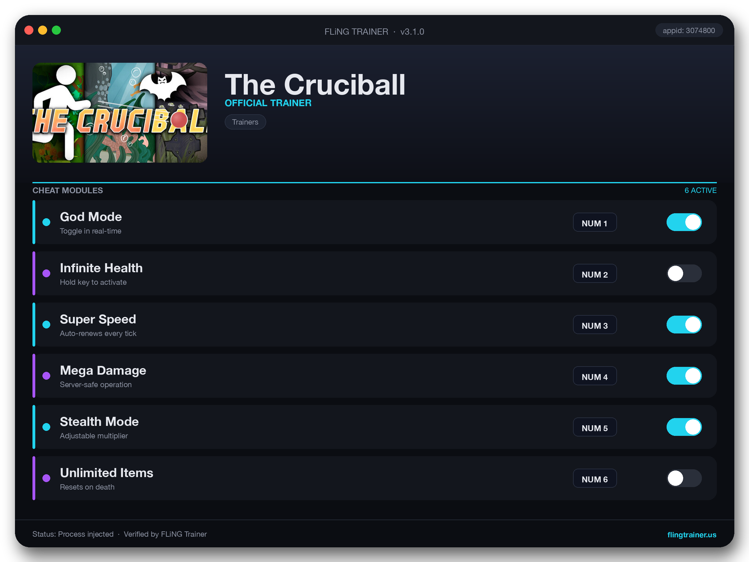 The Cruciball Trainer interface