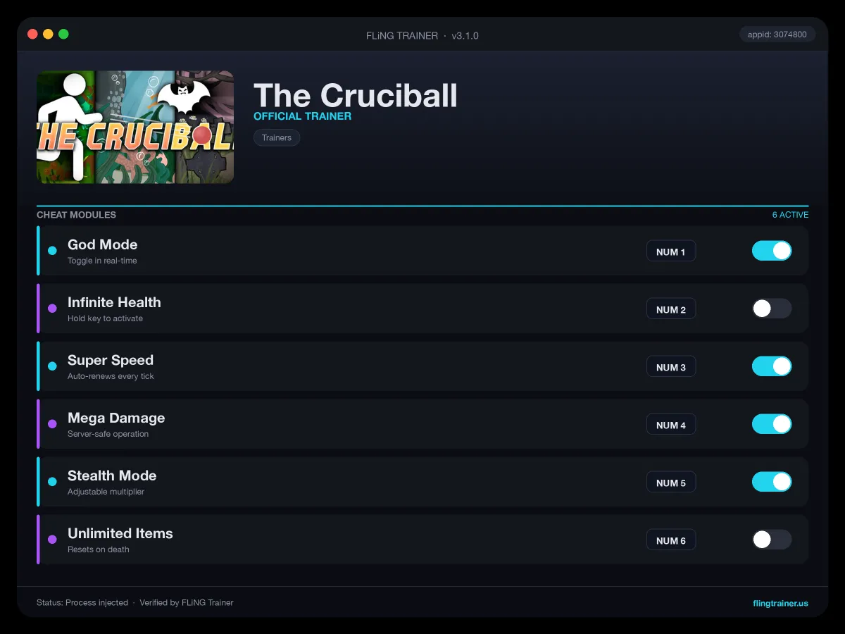 The Cruciball Trainer interface