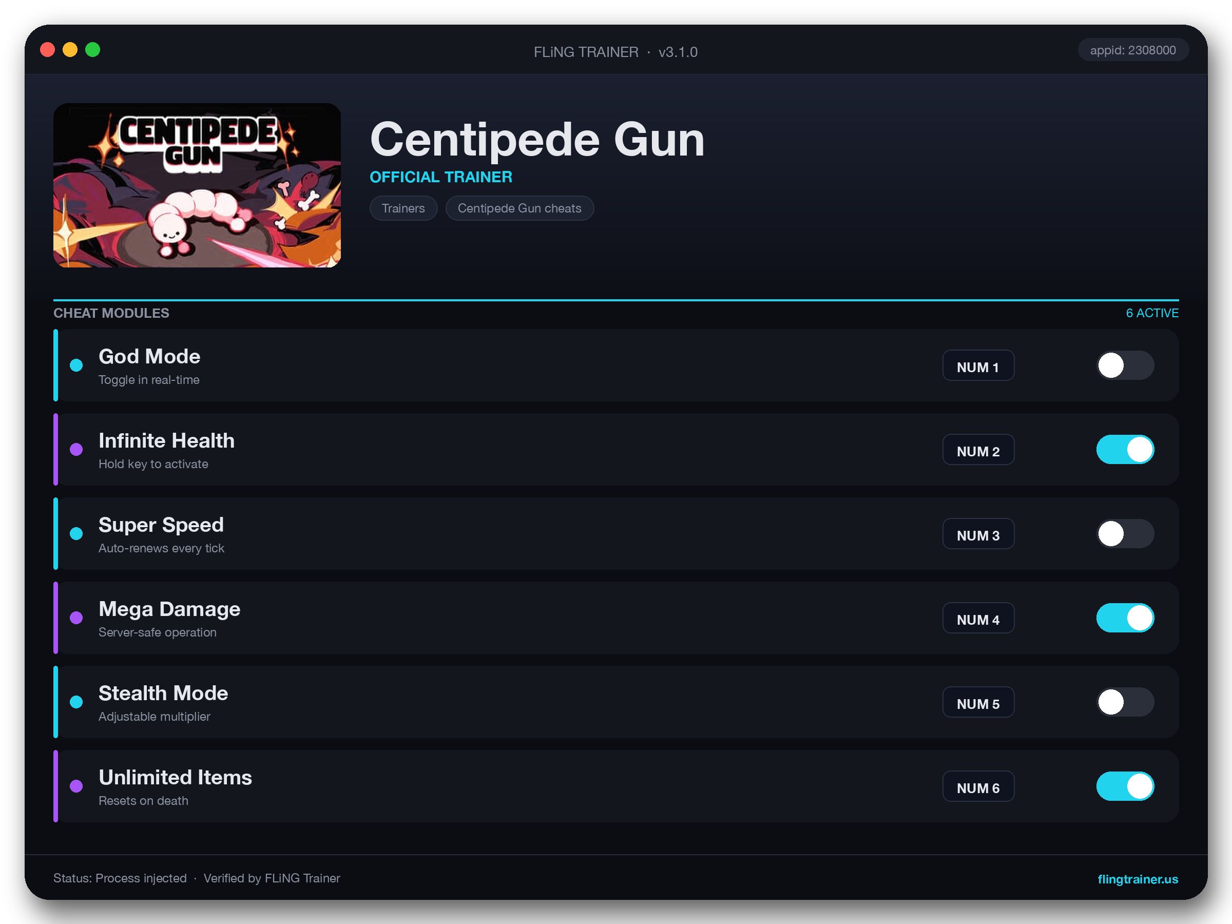 Centipede Gun Trainer interface