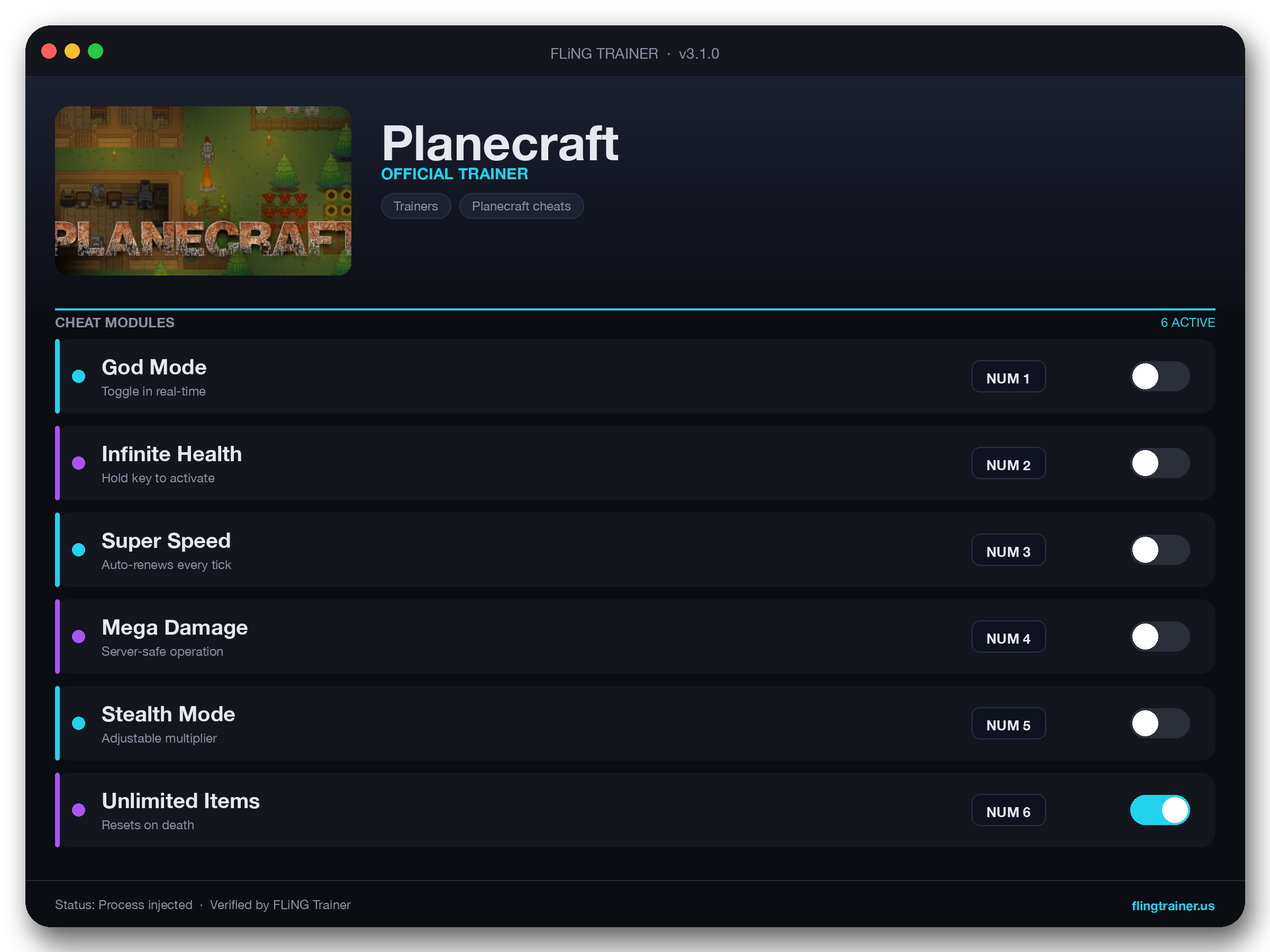 Planecraft Trainer interface