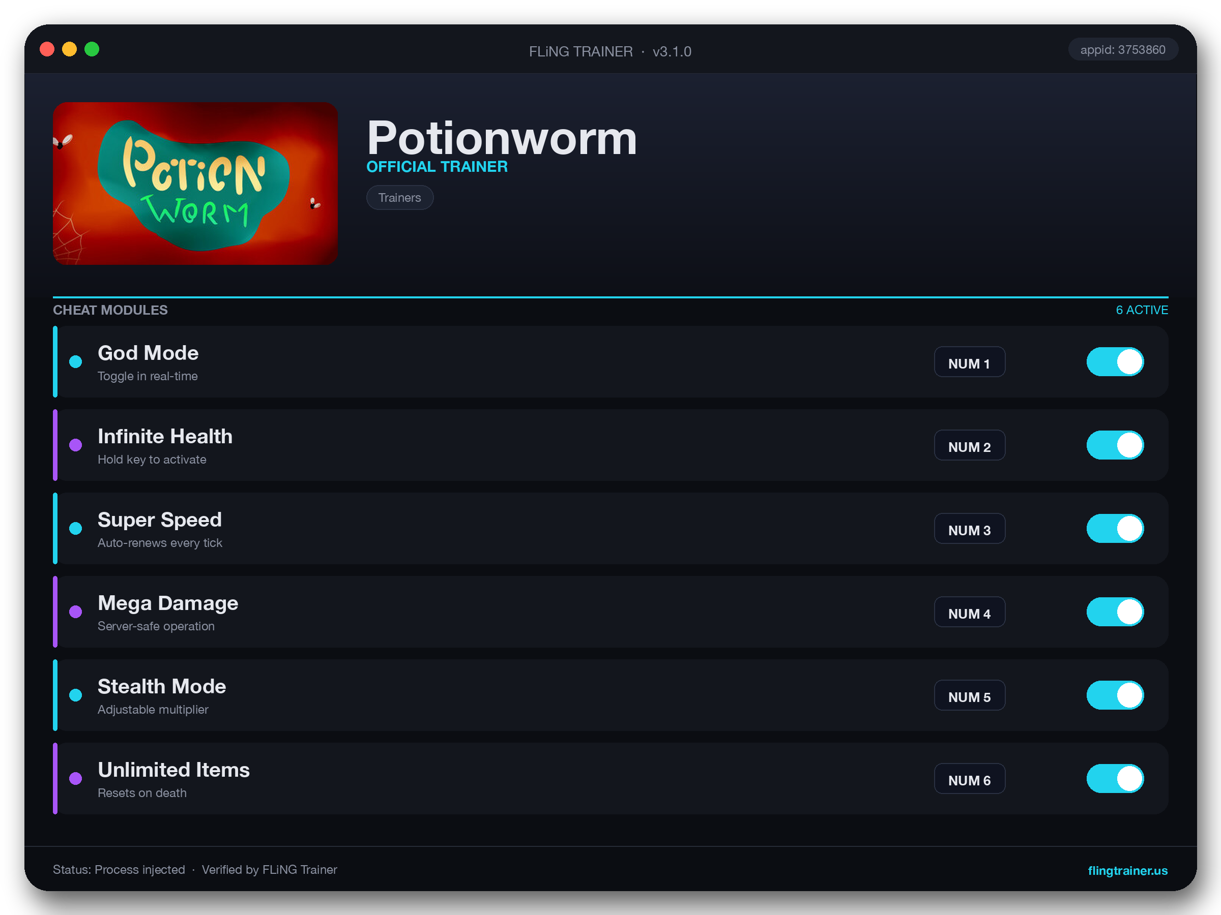 Potionworm Trainer interface