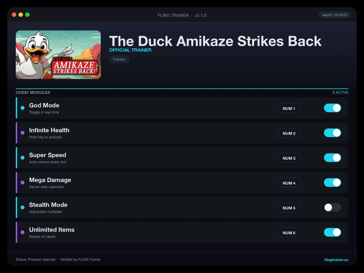 The Duck Amikaze Strikes Back Trainer interface