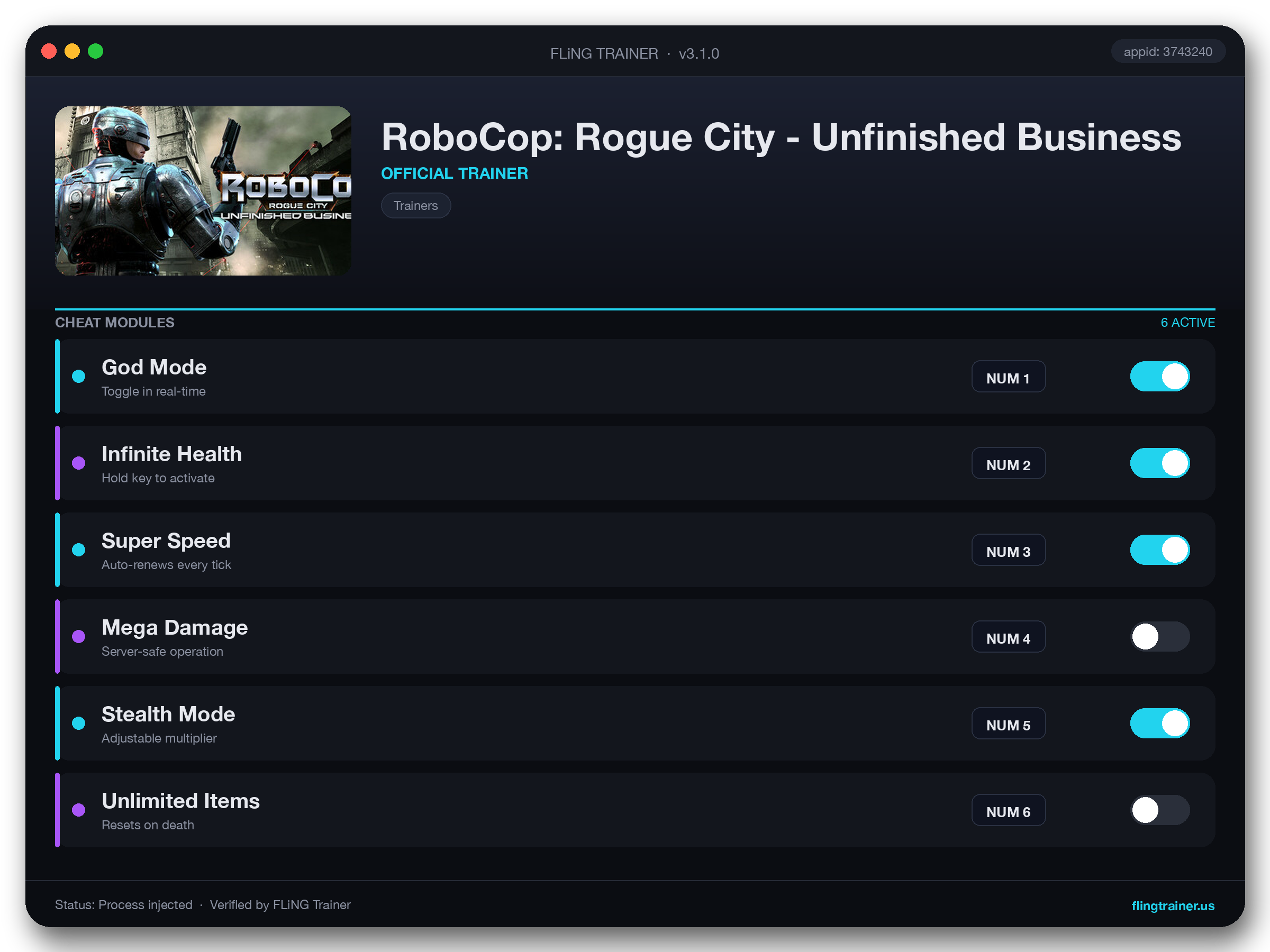 RoboCop: Rogue City - Unfinished Business Trainer interface