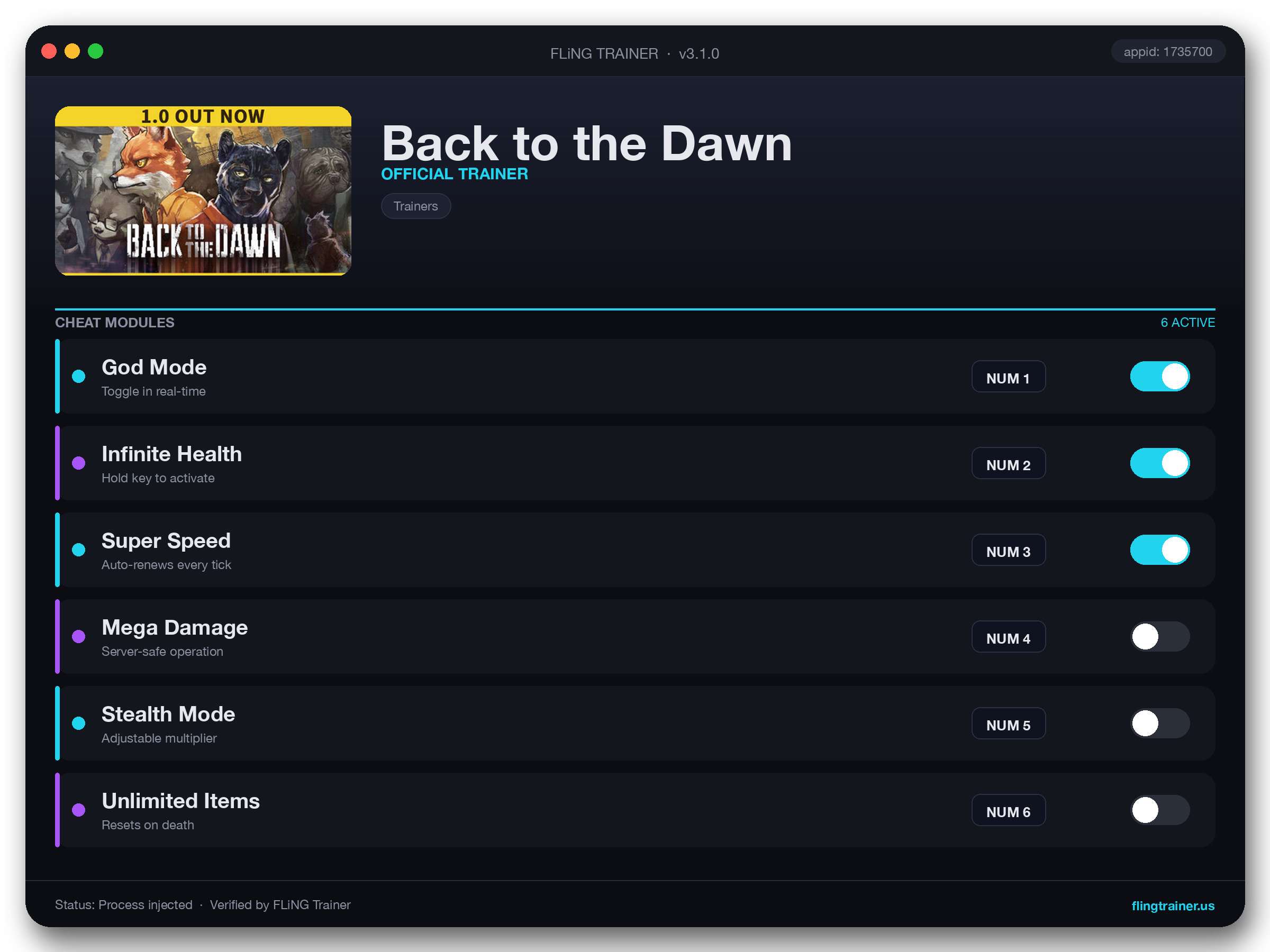 Back to the Dawn Trainer interface