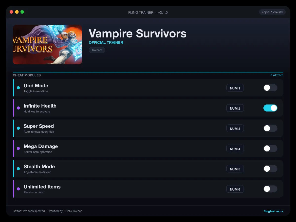 Vampire Survivors Trainer interface