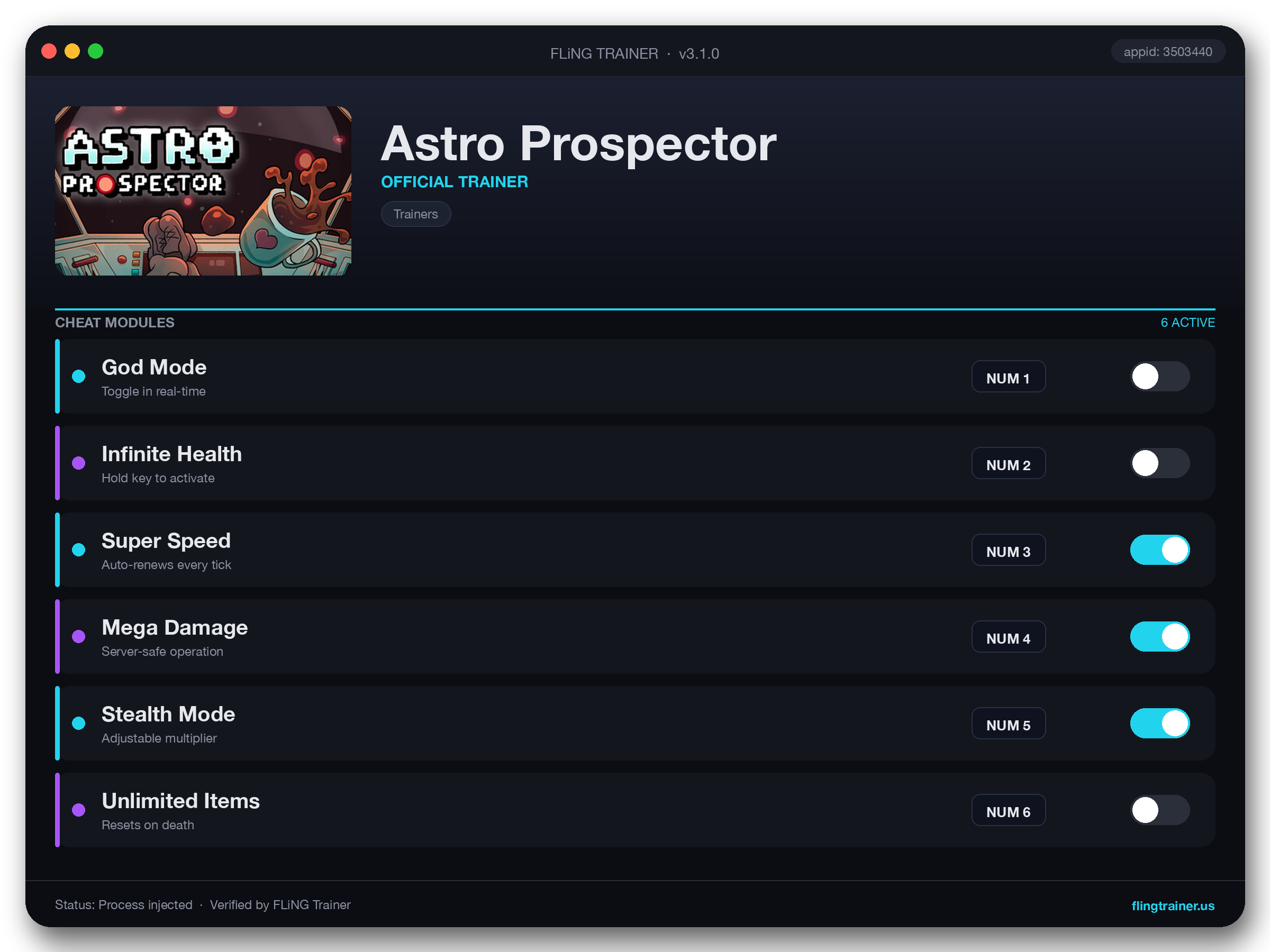 Astro Prospector Trainer interface