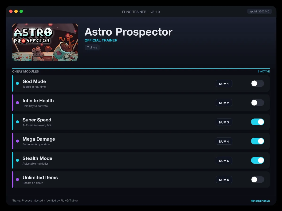 Astro Prospector Trainer interface