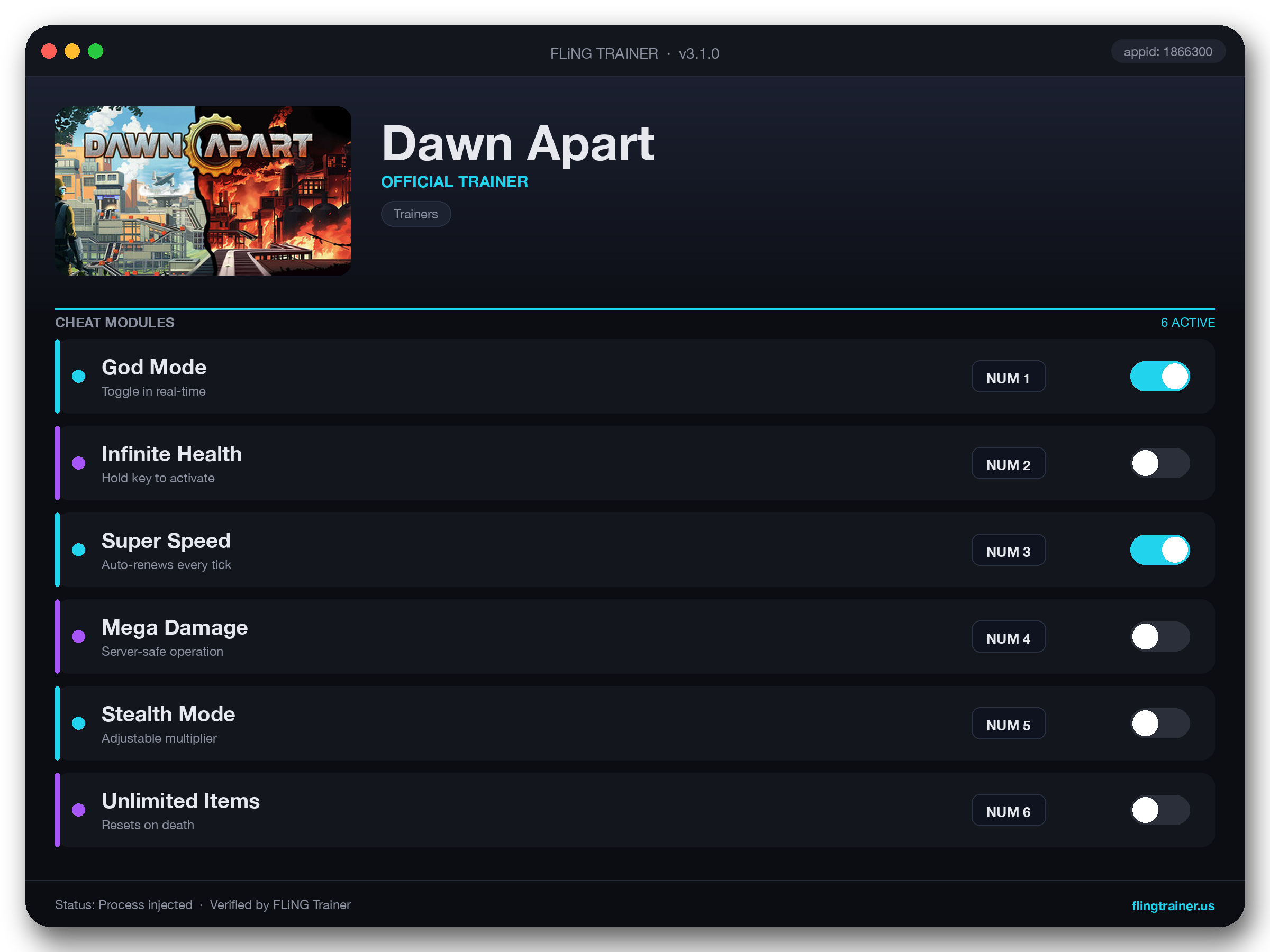 Dawn Apart Trainer interface