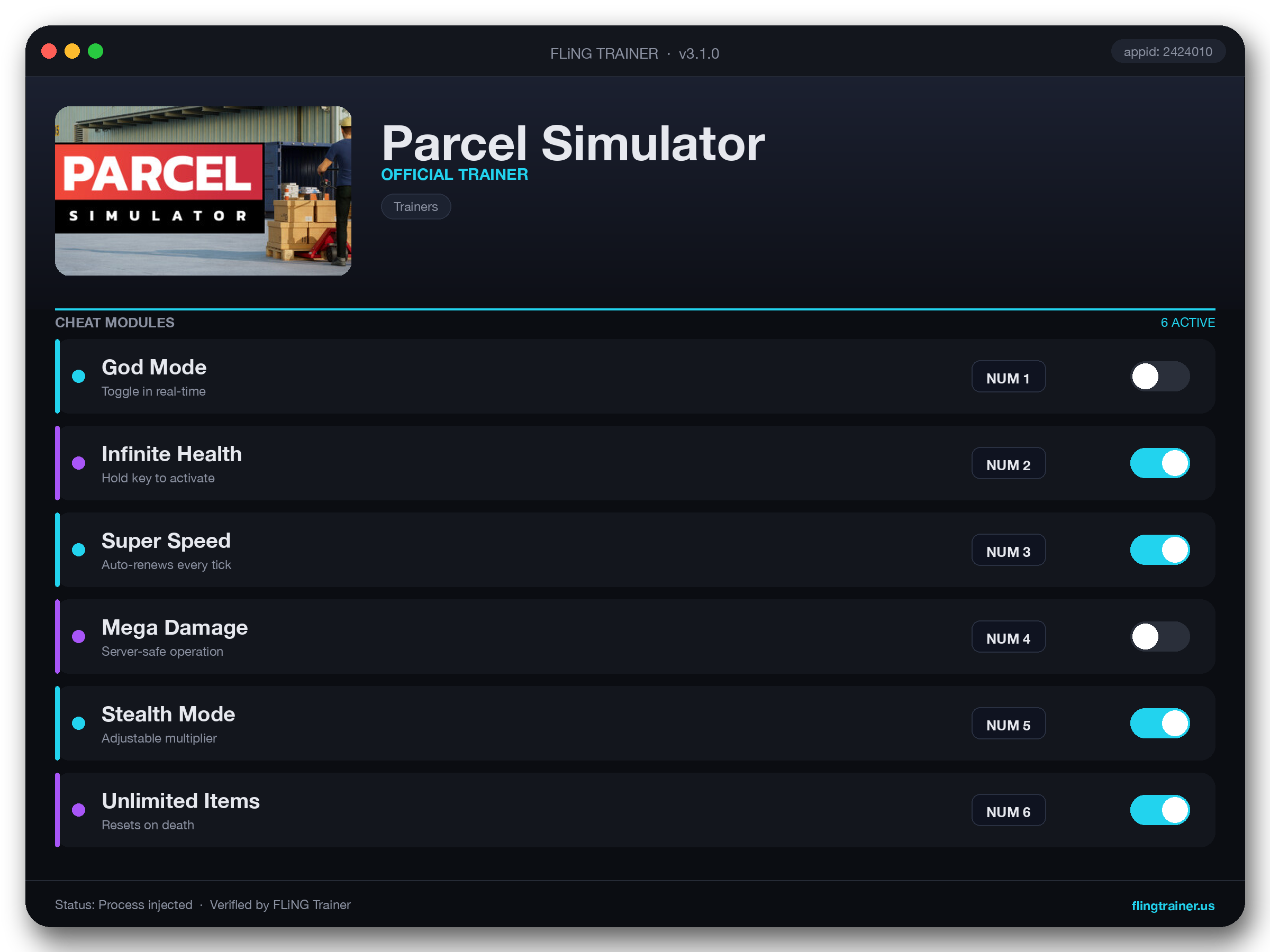 Parcel Simulator Trainer interface
