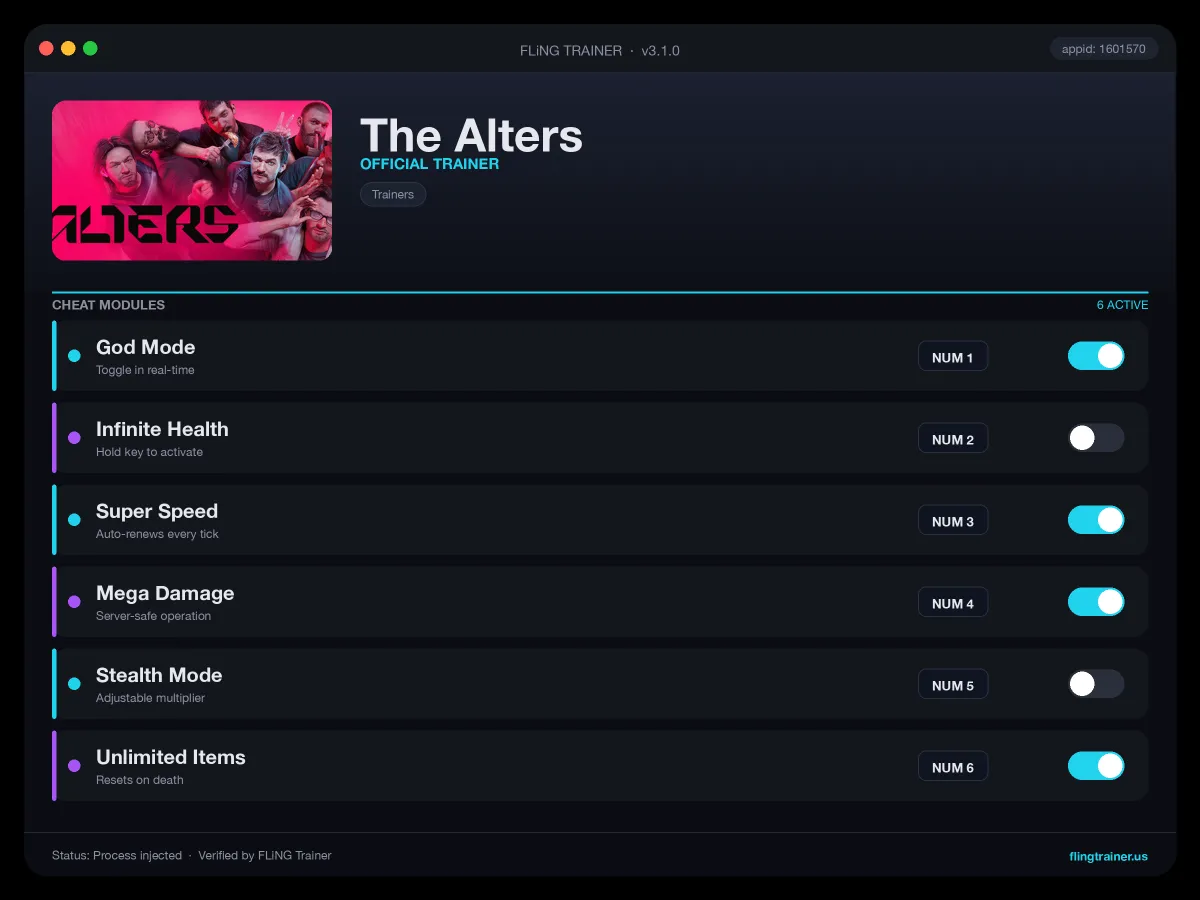 The Alters Trainer interface