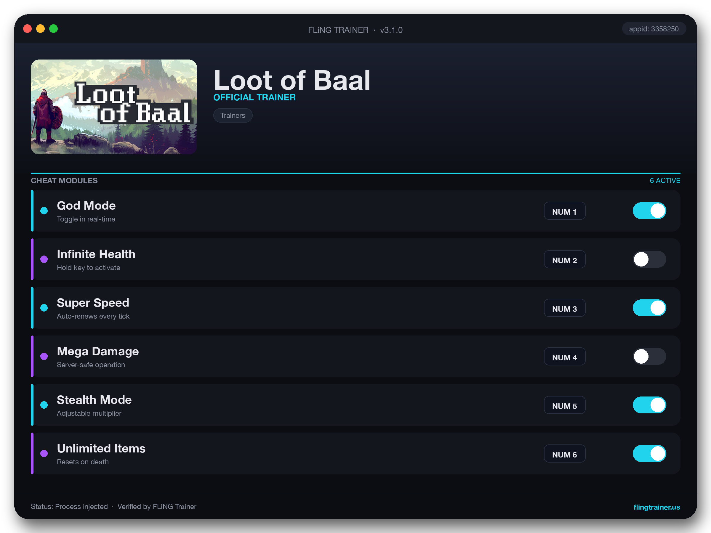 Loot of Baal Trainer interface
