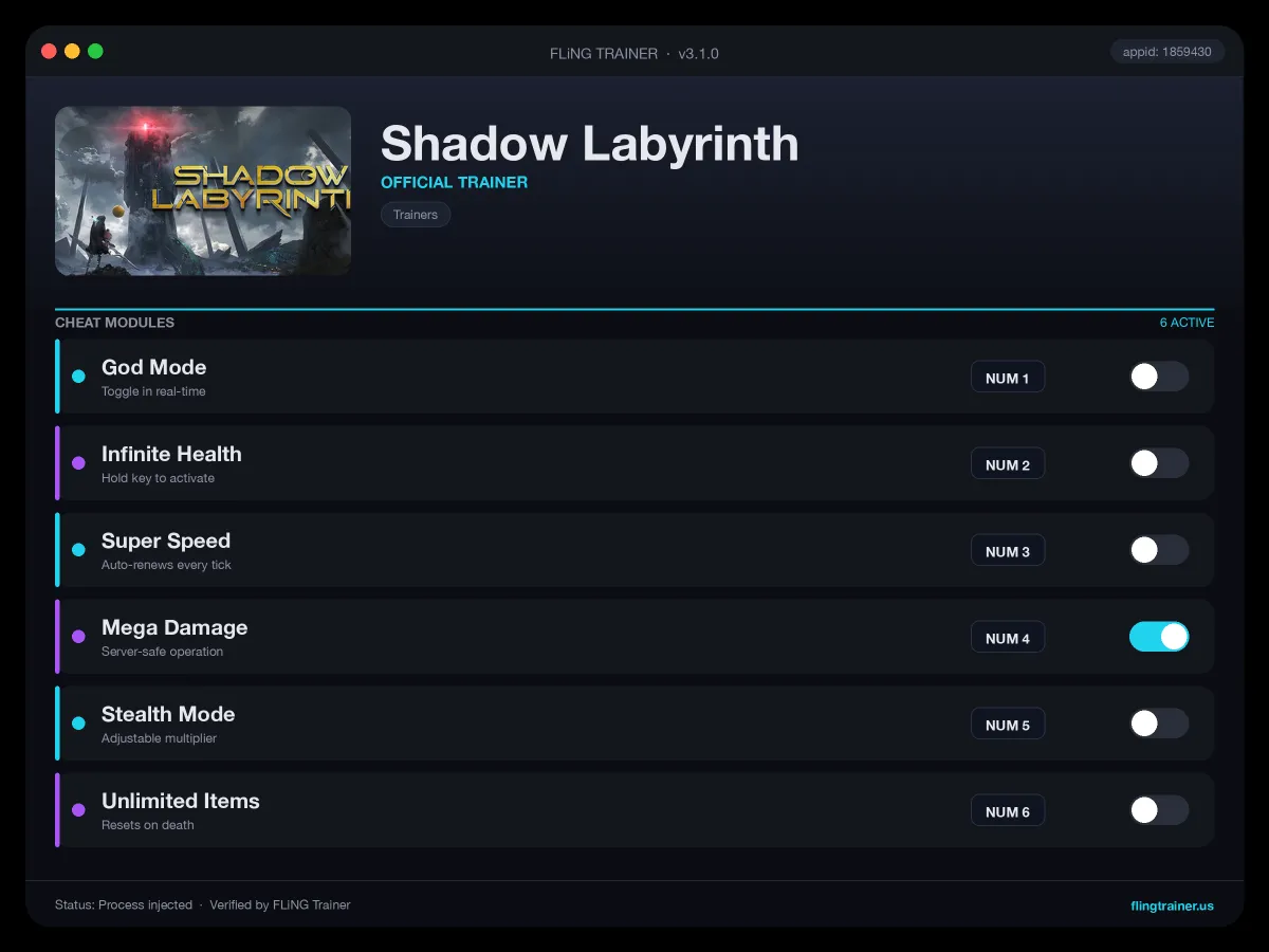 Shadow Labyrinth Trainer interface