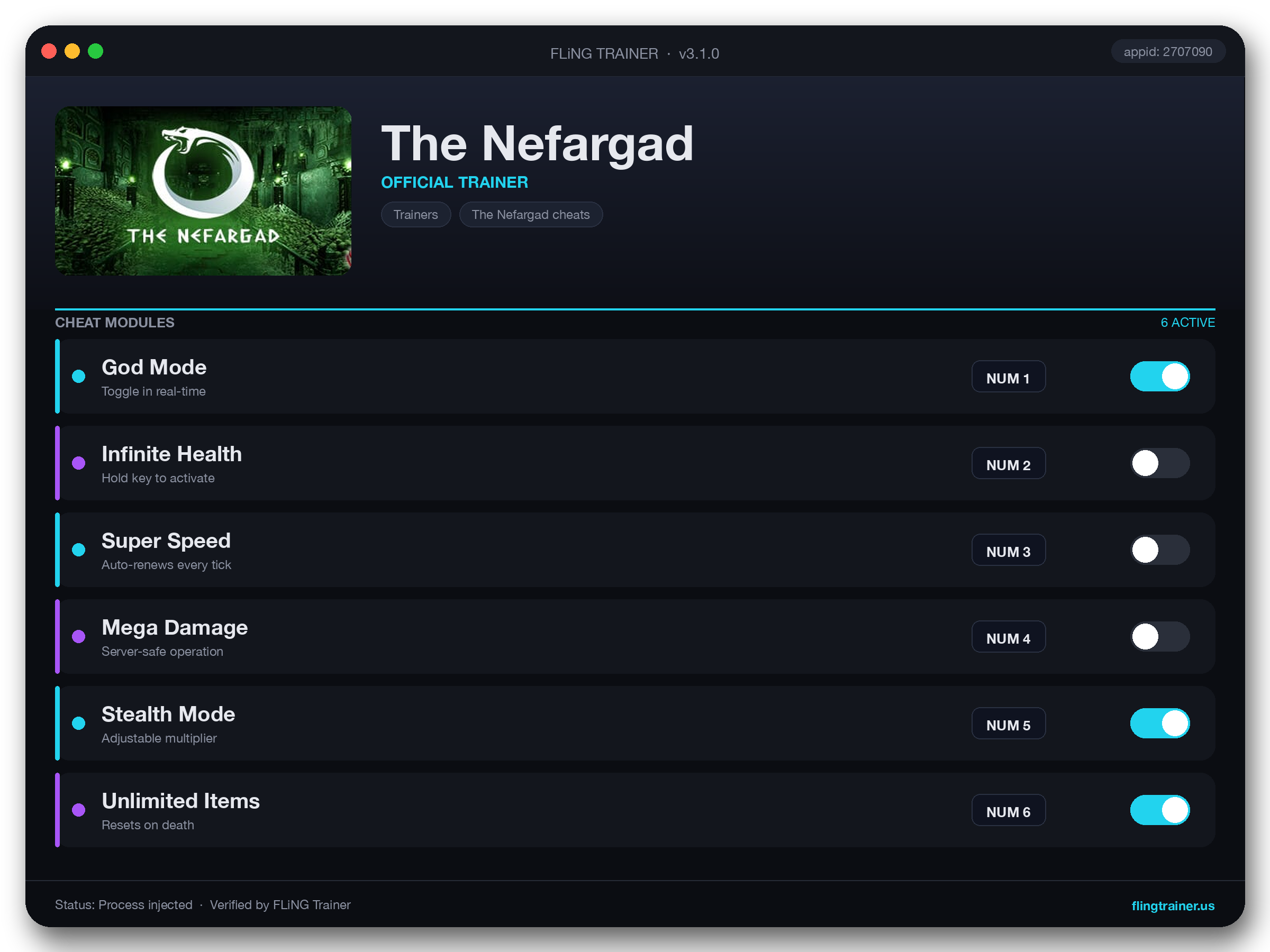 The Nefargad Trainer interface