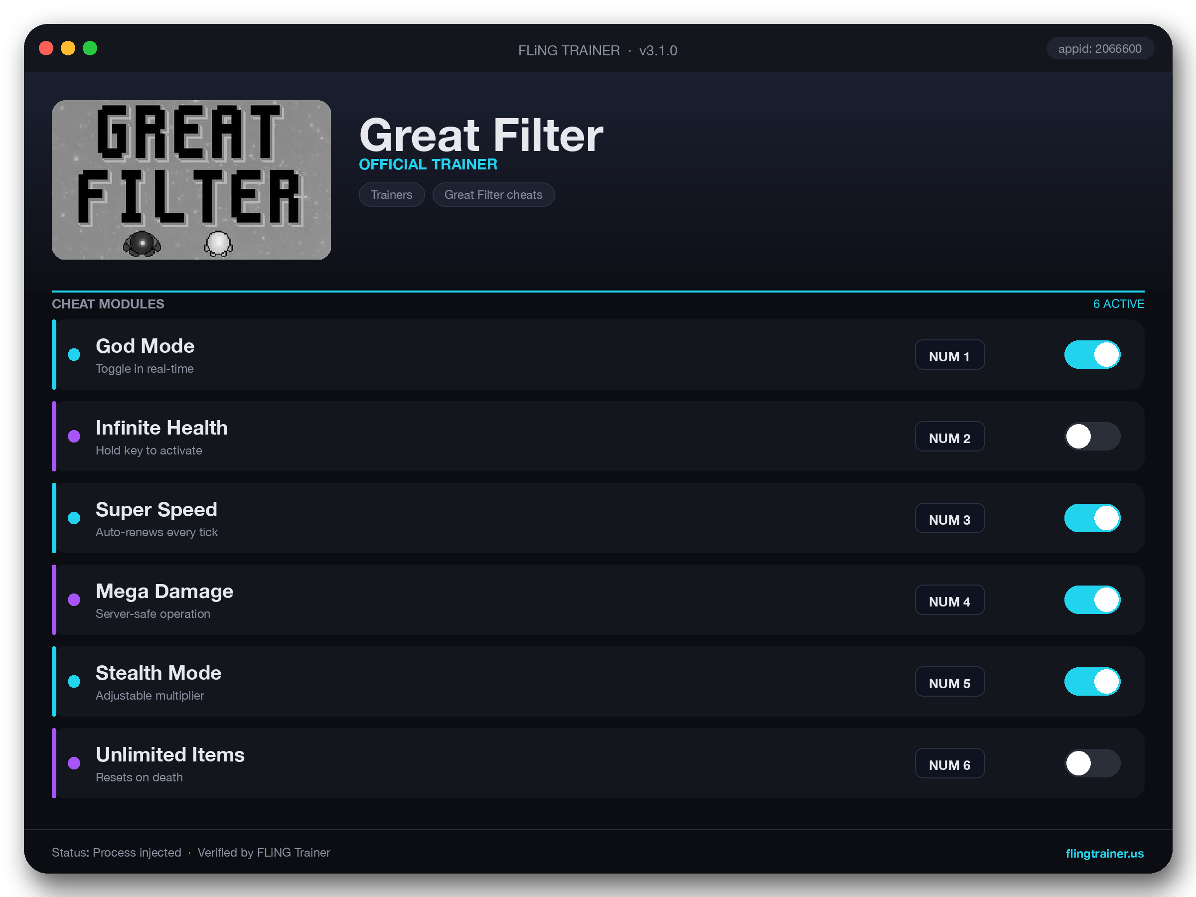 Great Filter Trainer interface