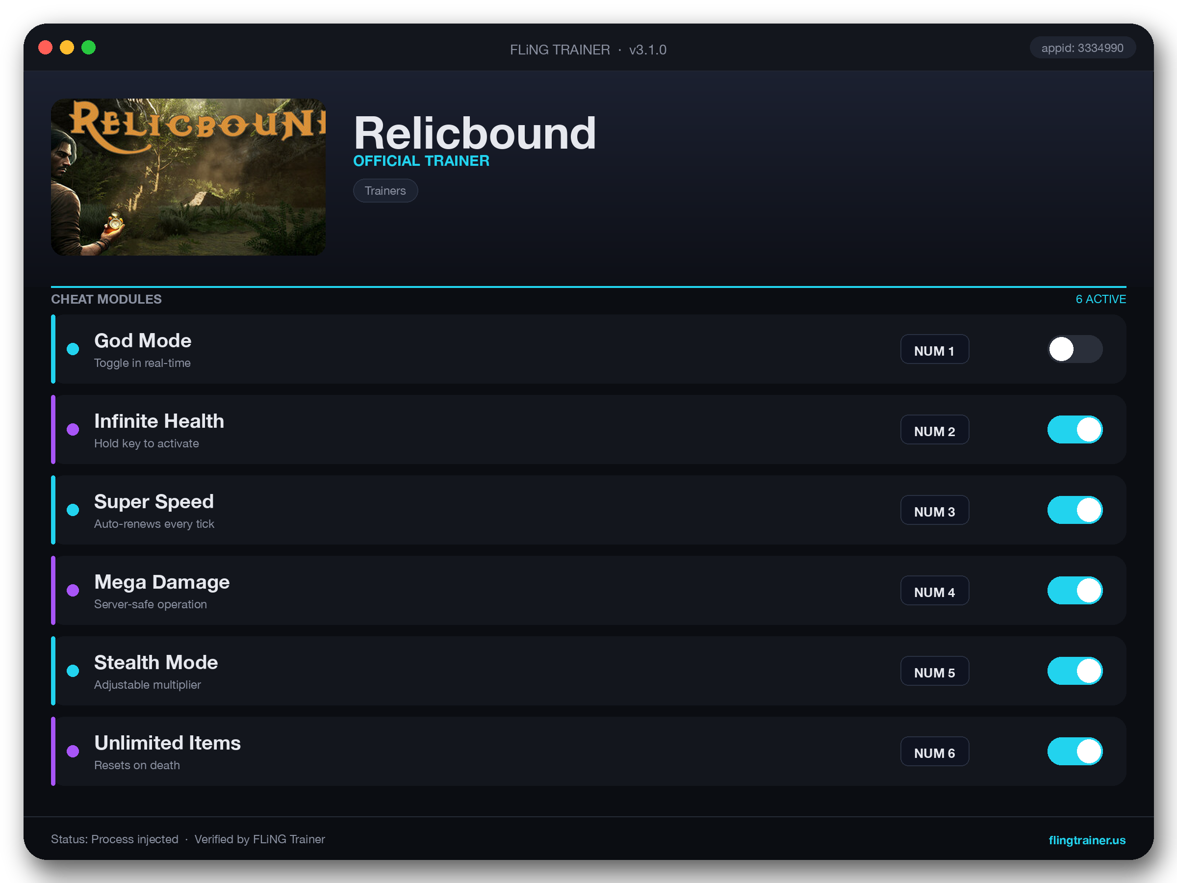 Relicbound Trainer interface