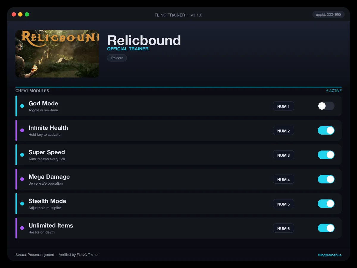 Relicbound Trainer interface