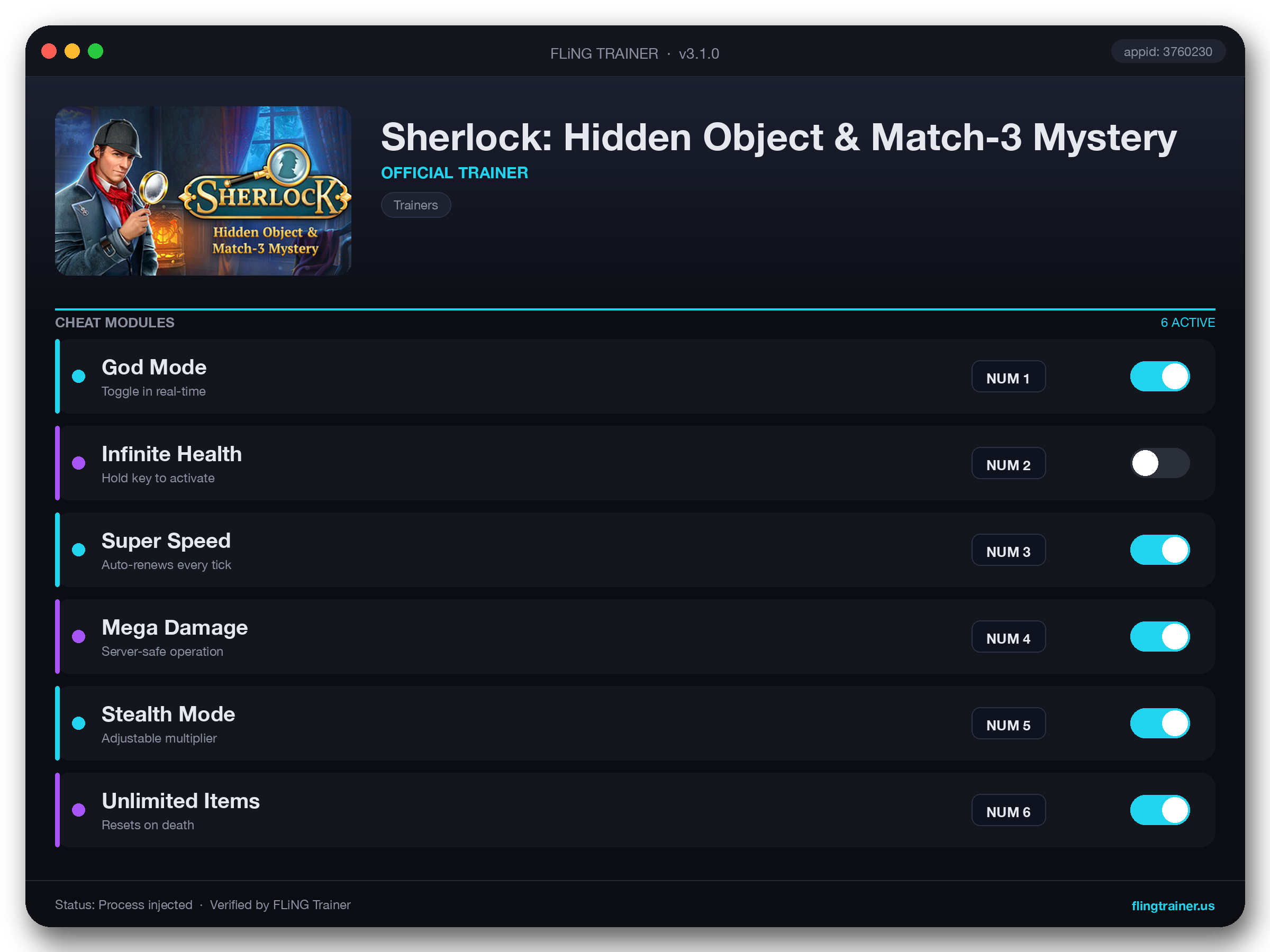 Sherlock: Hidden Object & Match-3 Mystery Trainer interface