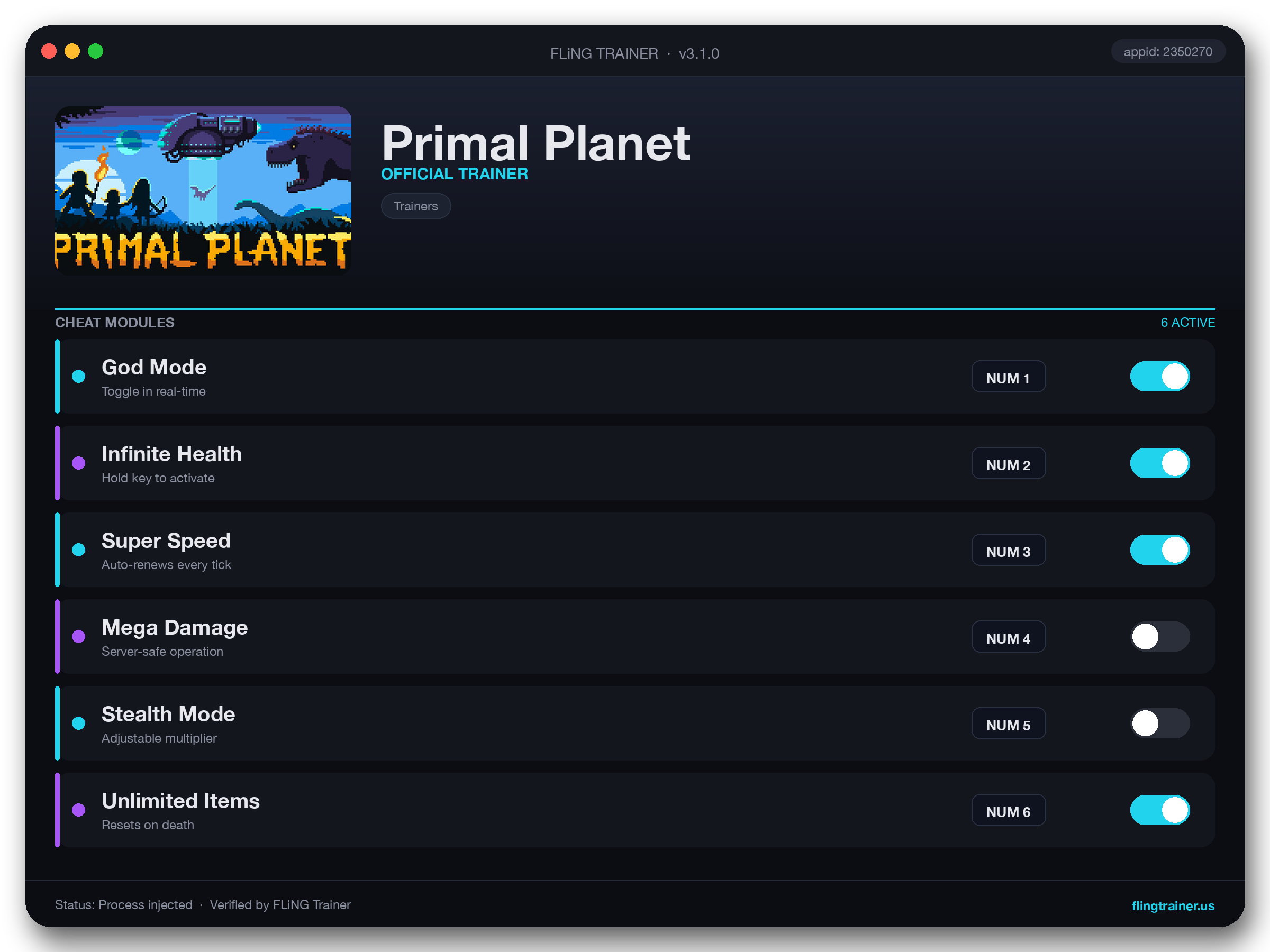 Primal Planet Trainer interface