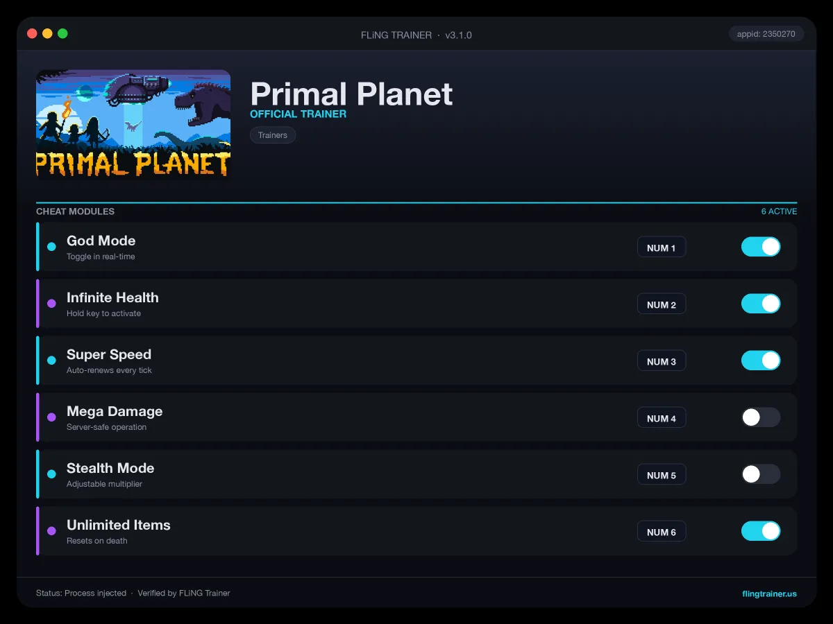 Primal Planet Trainer interface