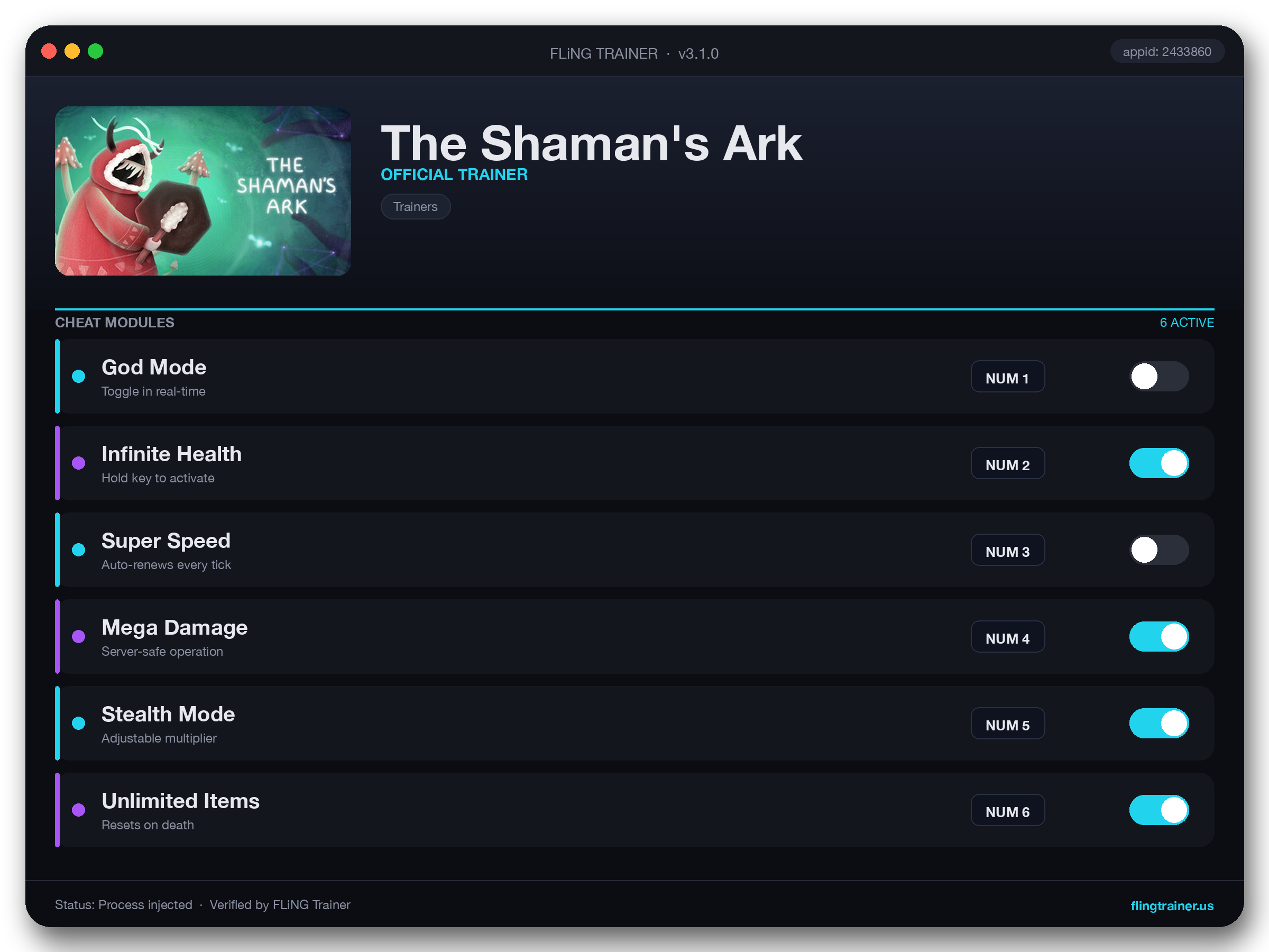 The Shaman's Ark Trainer interface