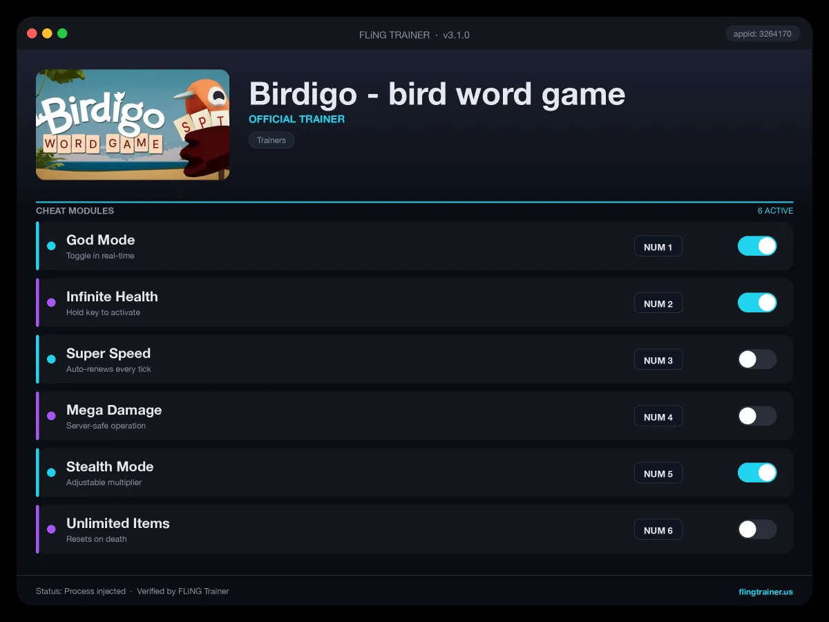 Birdigo - bird word game Trainer interface