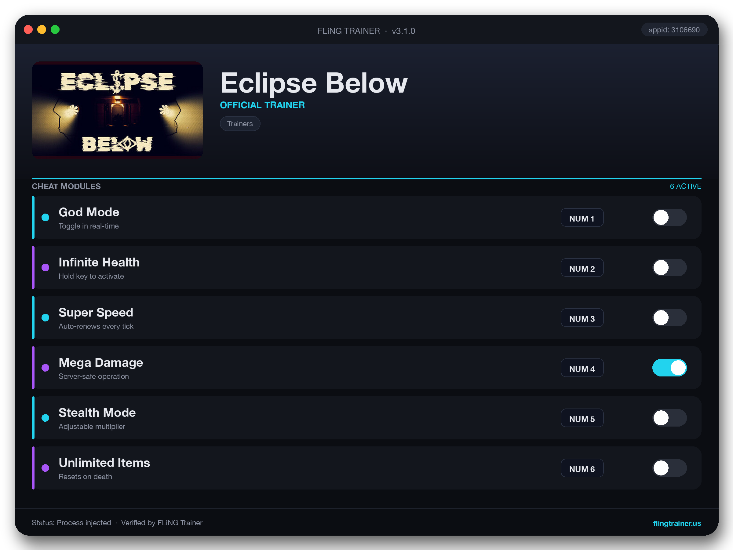 Eclipse Below Trainer interface