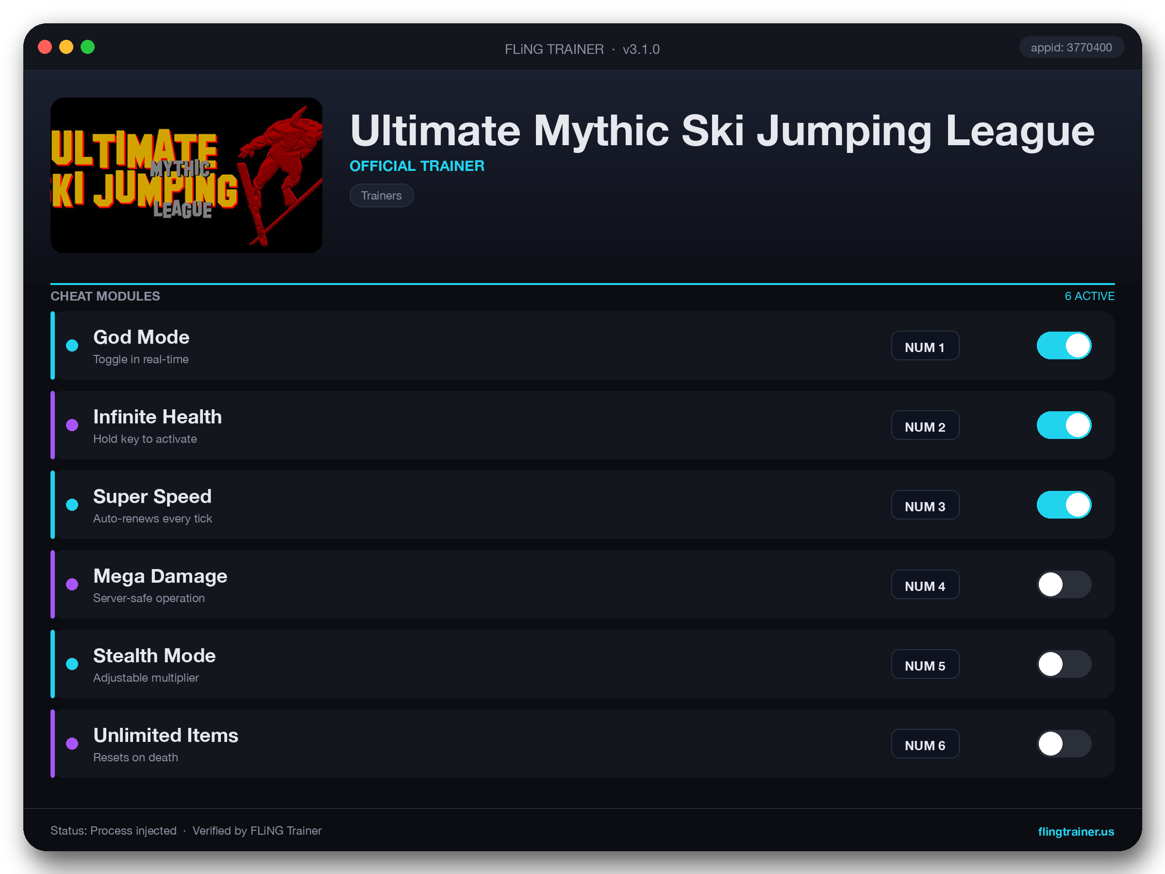 Ultimate Mythic Ski Jumping League Trainer interface