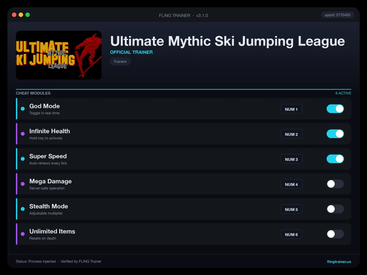 Ultimate Mythic Ski Jumping League Trainer interface