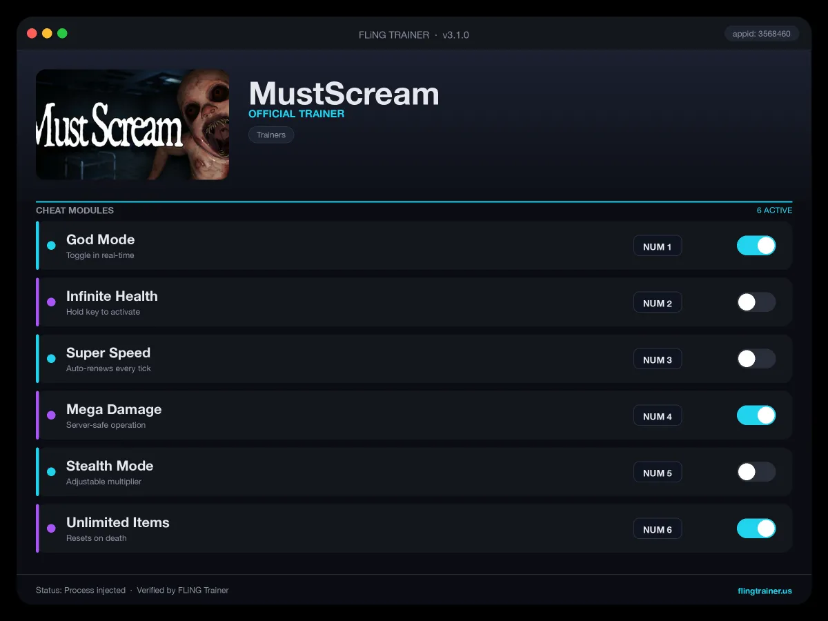 MustScream Trainer interface