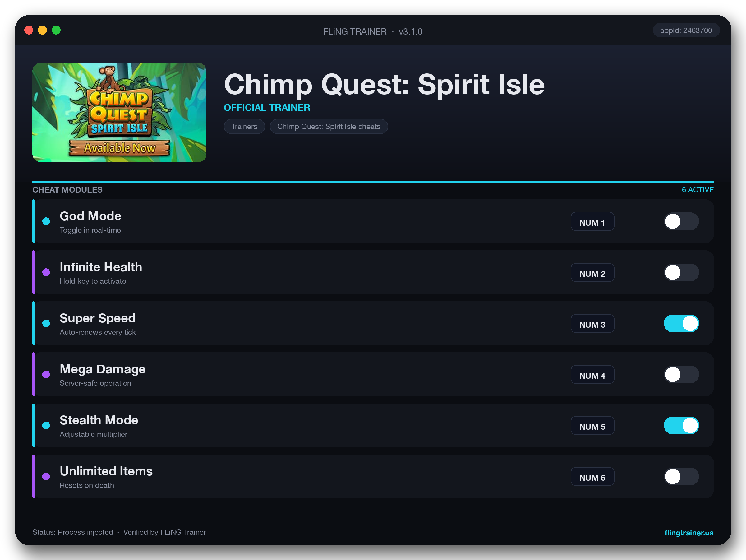 Chimp Quest: Spirit Isle Trainer interface